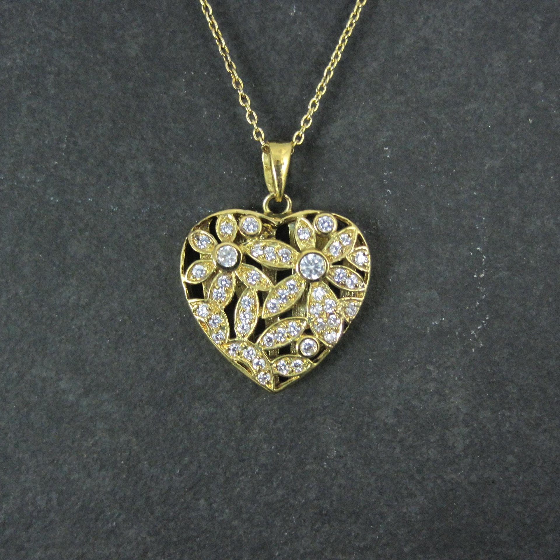 Estate Vermeil Sterling Flower Heart Pendant Necklace