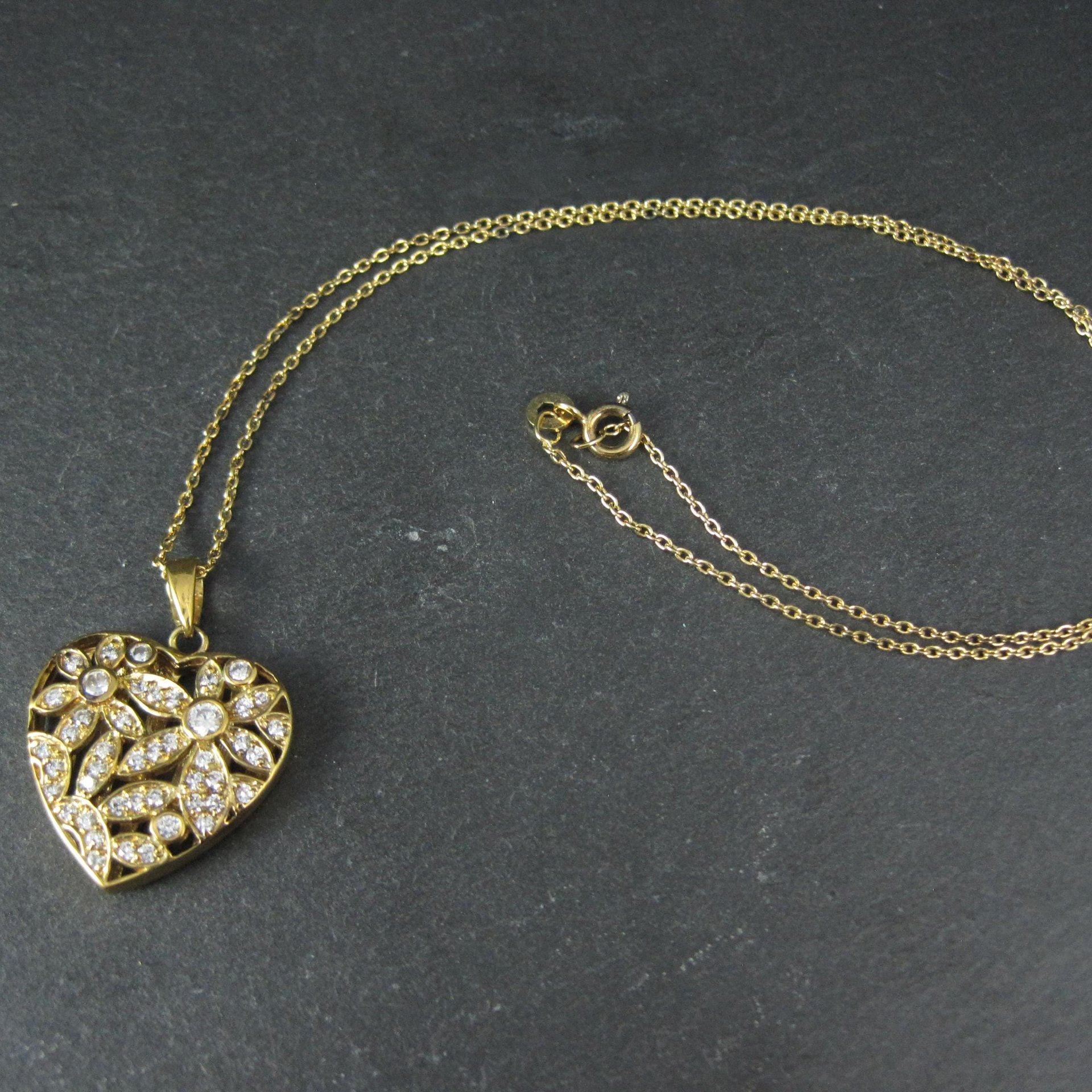 Estate Vermeil Sterling Flower Heart Pendant Necklace