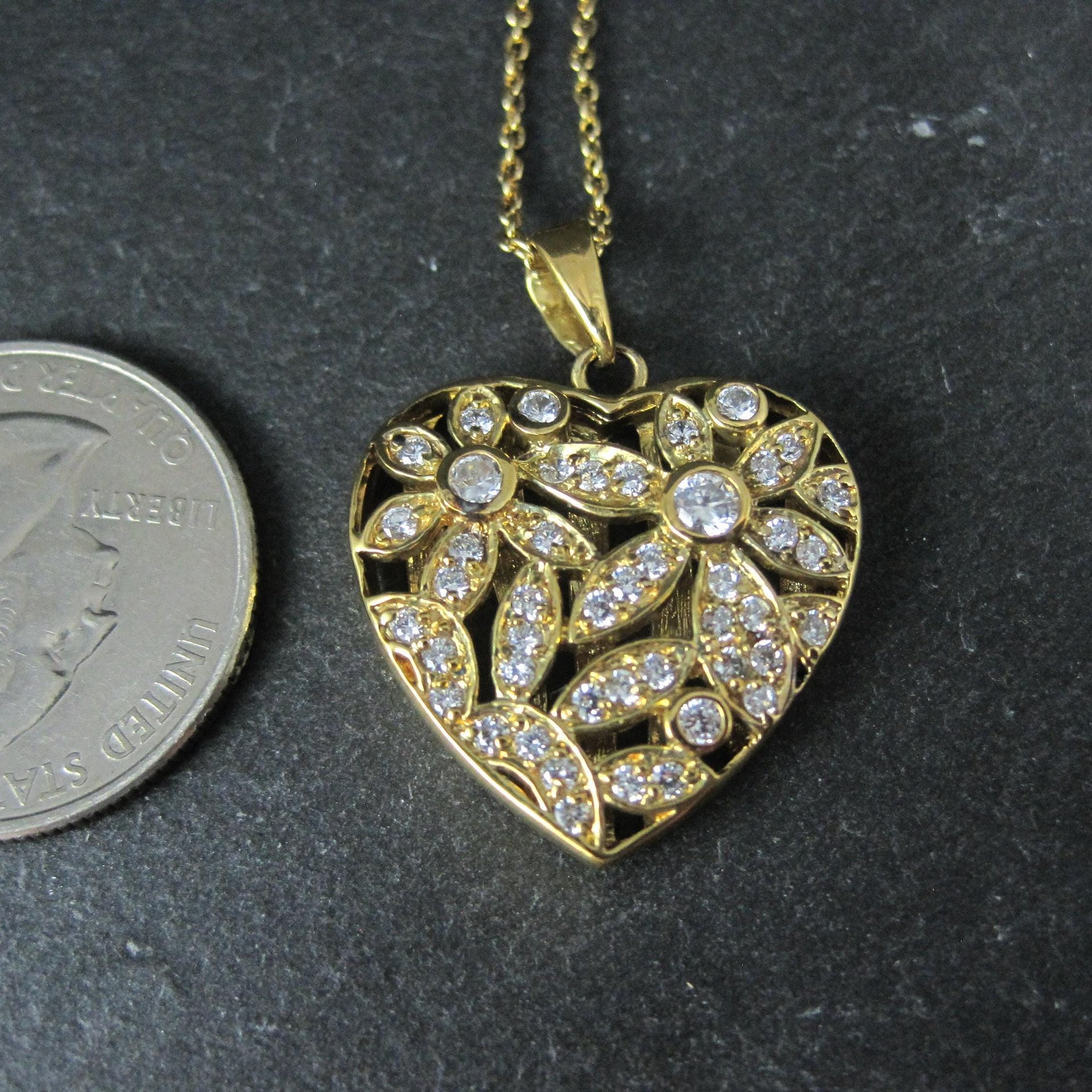 Estate Vermeil Sterling Flower Heart Pendant Necklace