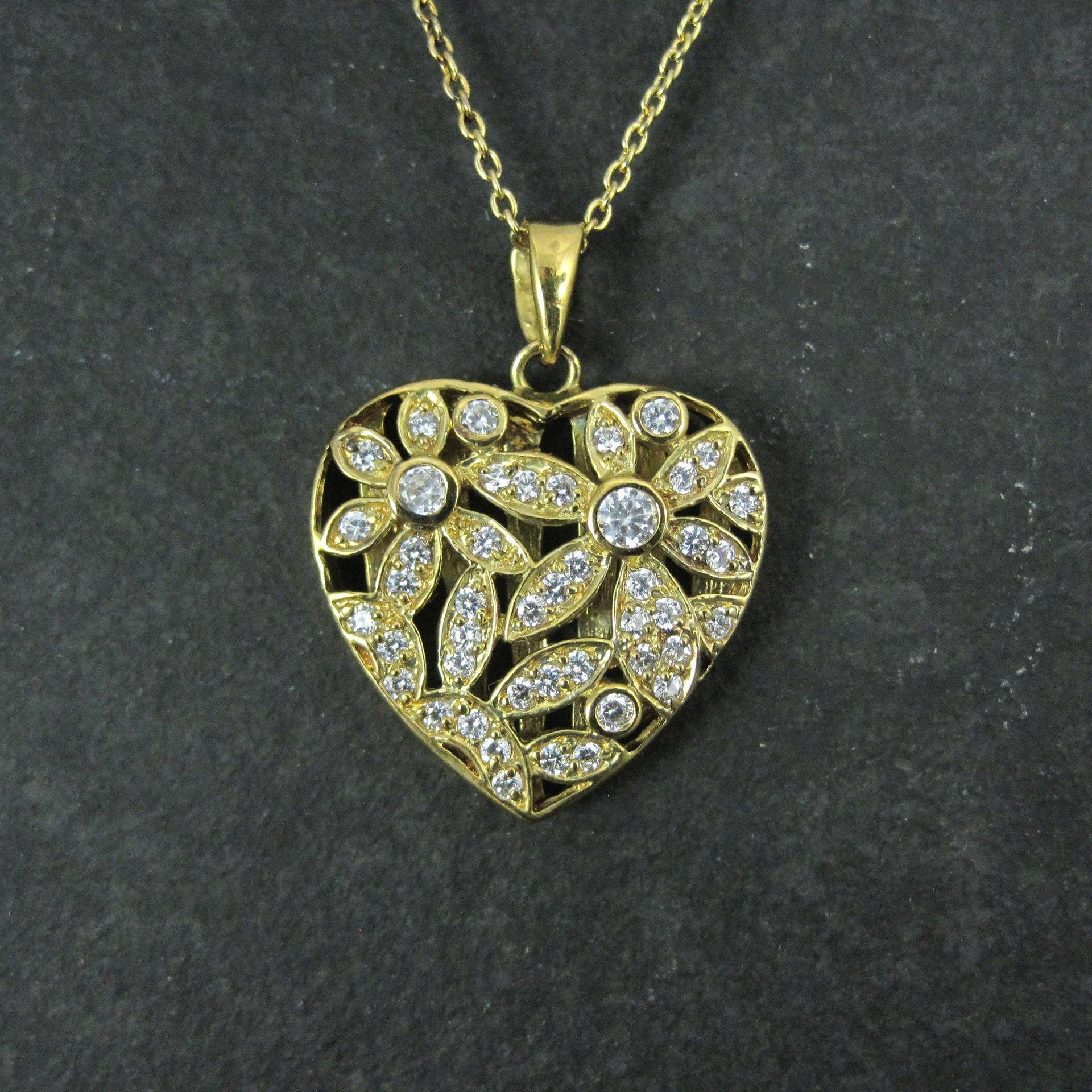 Estate Vermeil Sterling Flower Heart Pendant Necklace