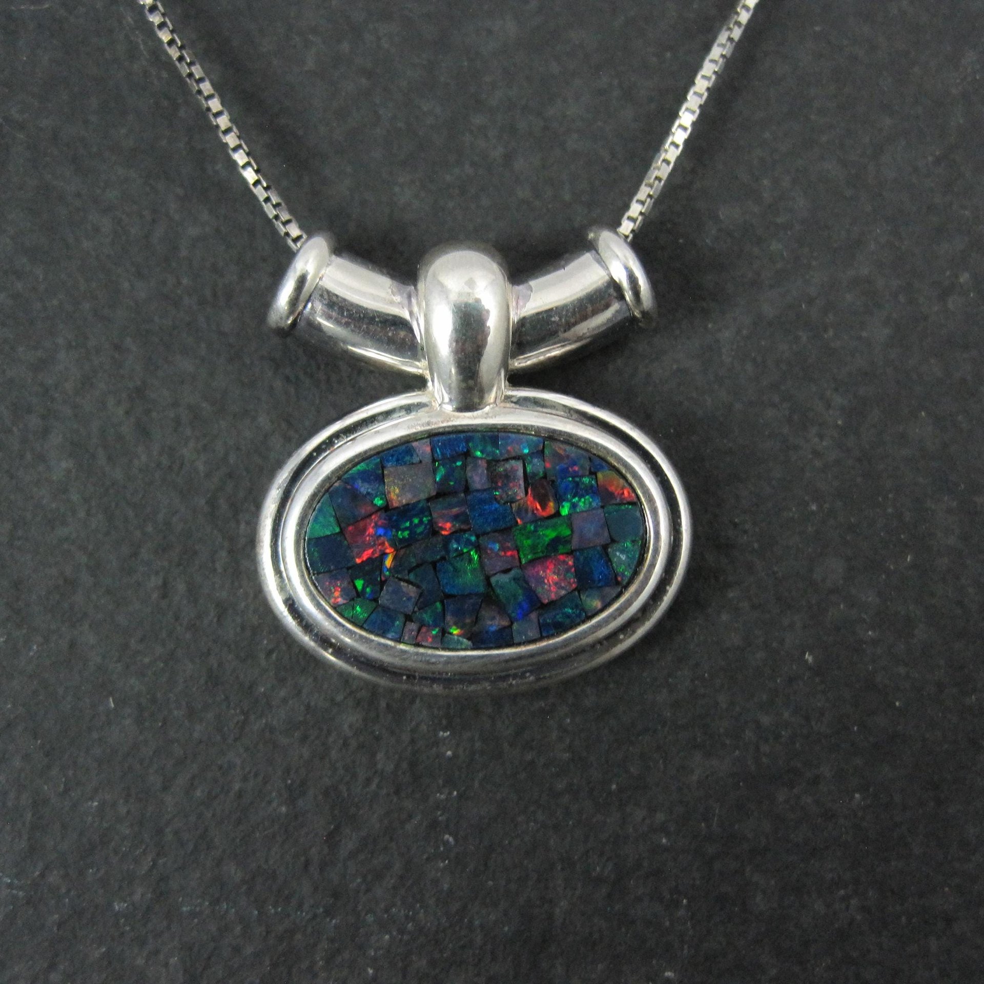 Sterling Mosaic Opal Inlay Pendant Necklace