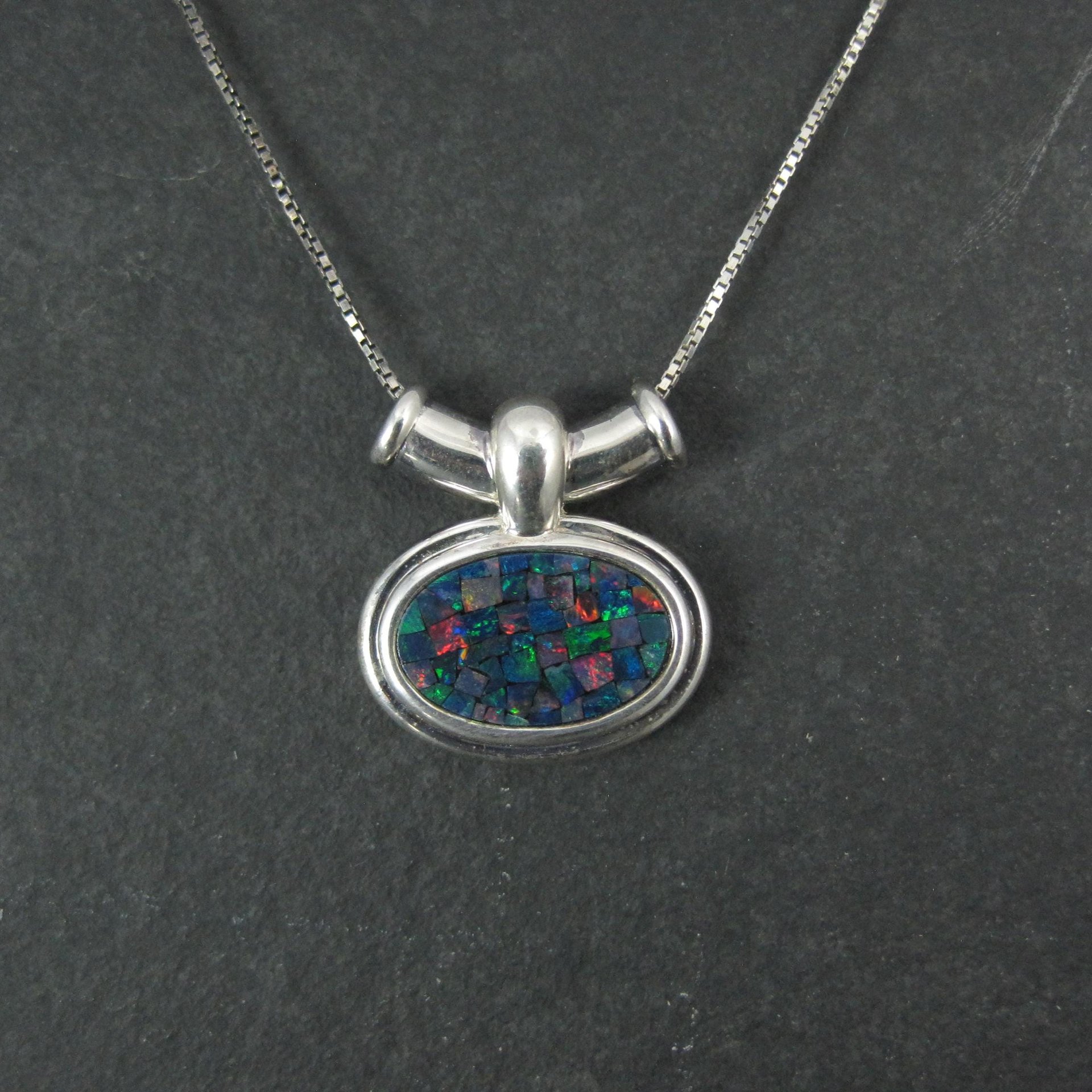 Sterling Mosaic Opal Inlay Pendant Necklace