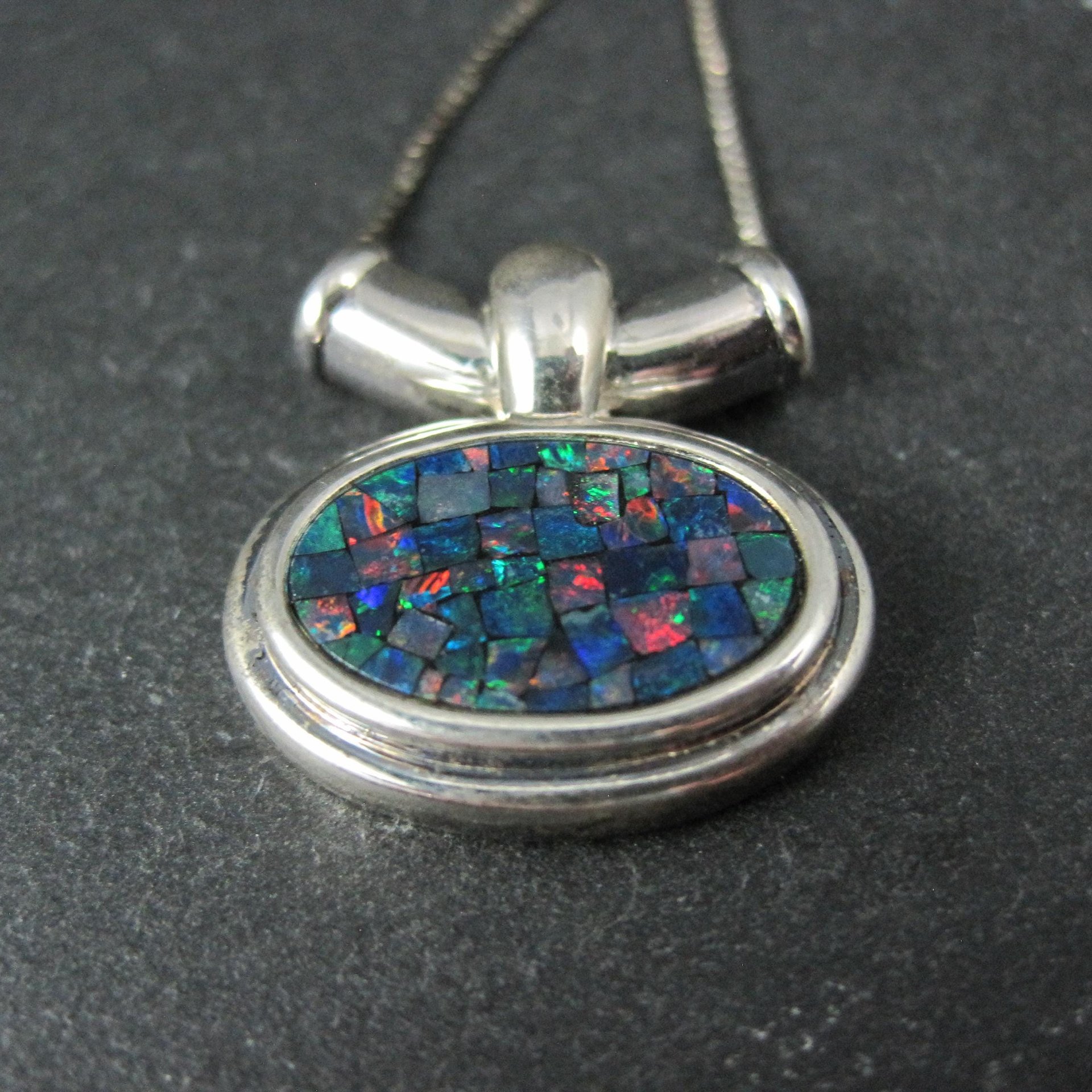 Sterling Mosaic Opal Inlay Pendant Necklace