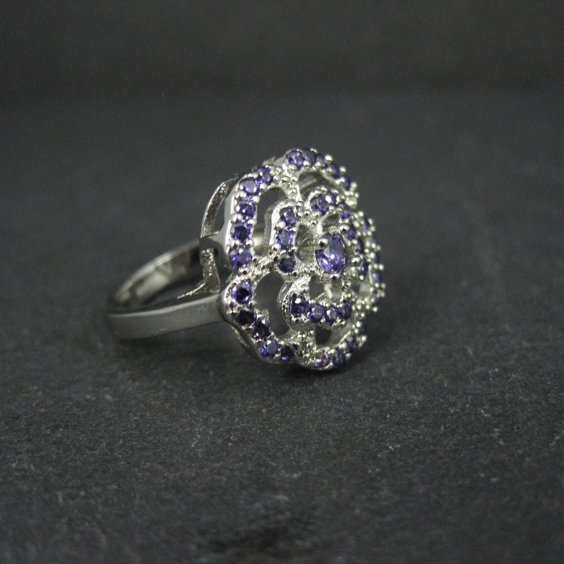 Purple Cubic Zirconia Flower Ring Size 6 Sterling Silver