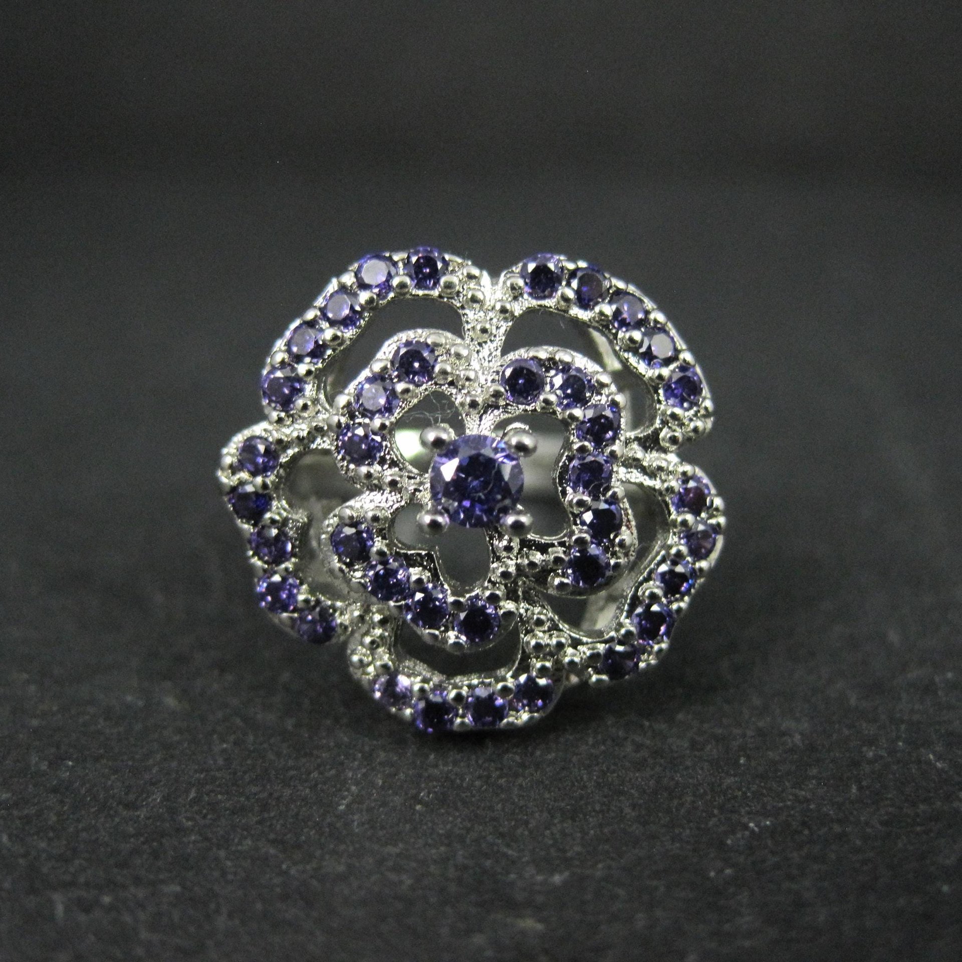 Purple Cubic Zirconia Flower Ring Size 6 Sterling Silver