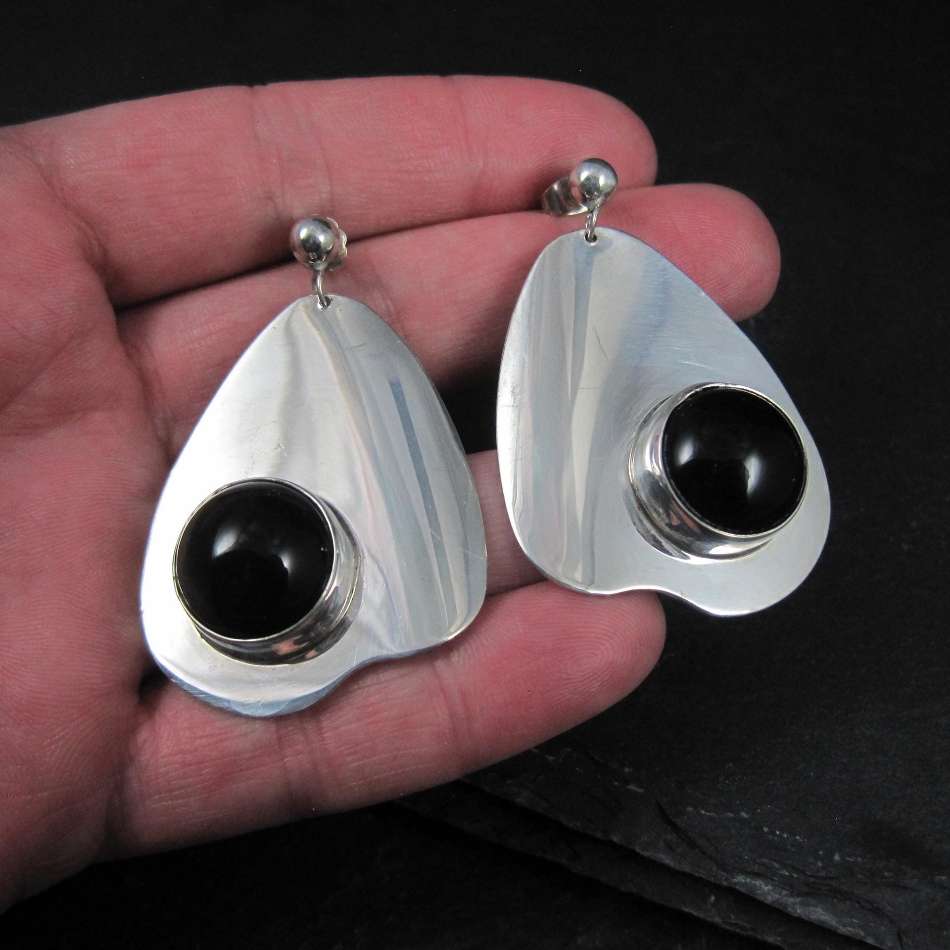 Large Sterling Silver Onyx Earrings Modernist M Kaye