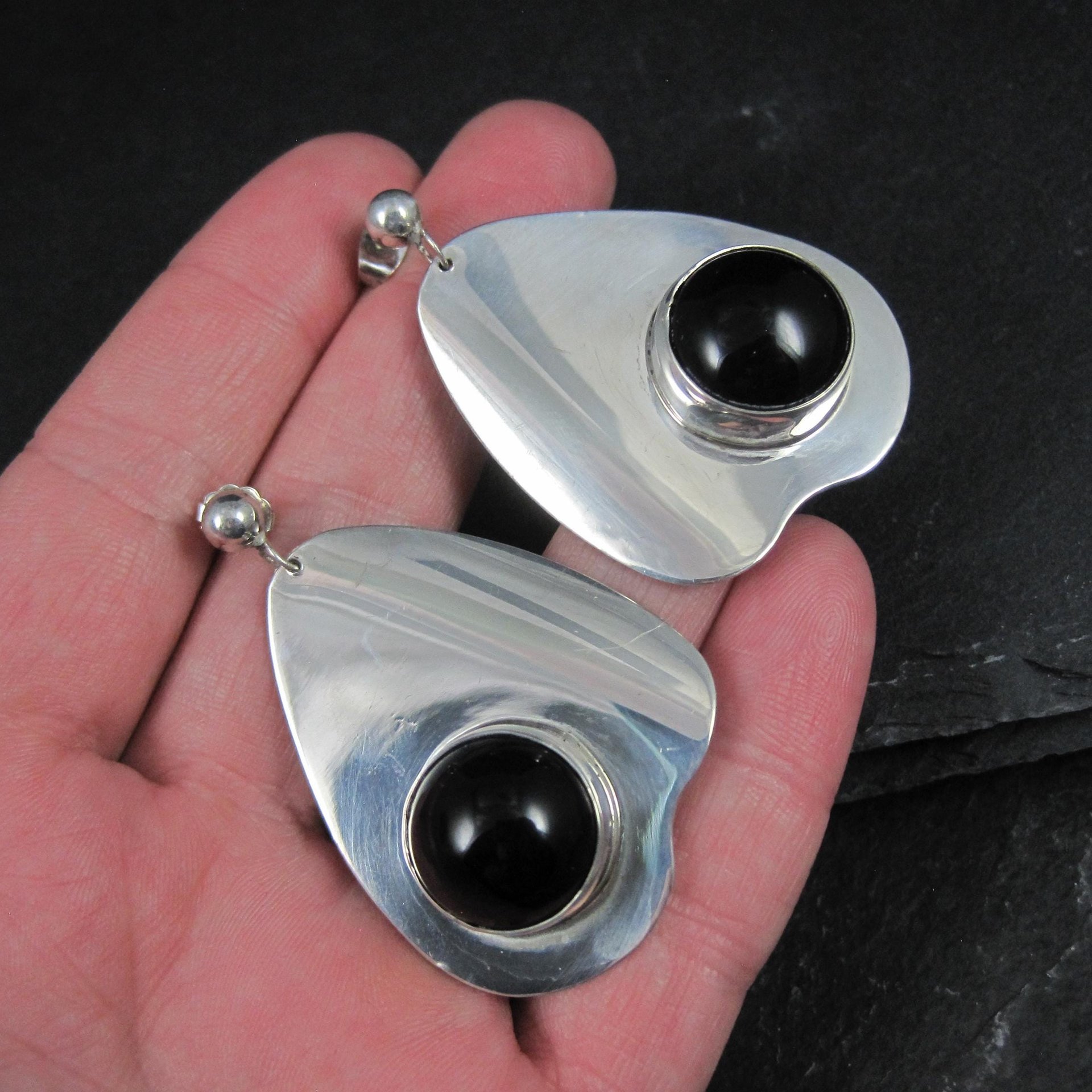 Large Sterling Silver Onyx Earrings Modernist M Kaye