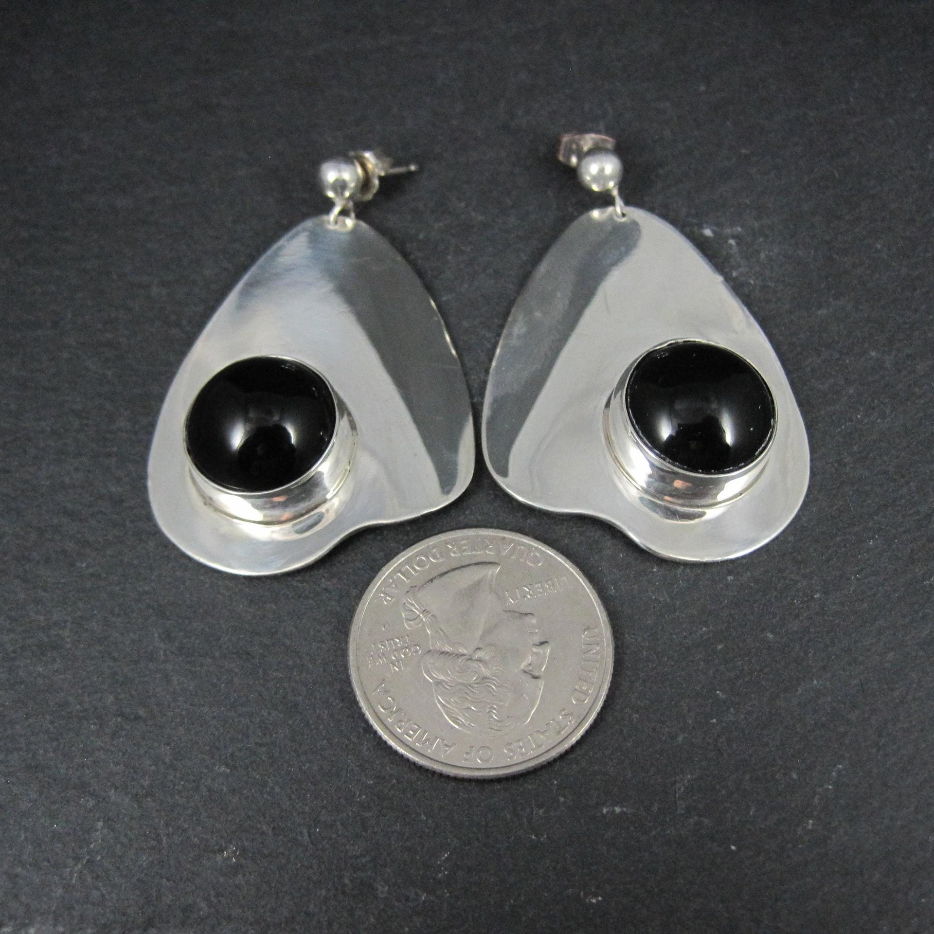 Large Sterling Silver Onyx Earrings Modernist M Kaye