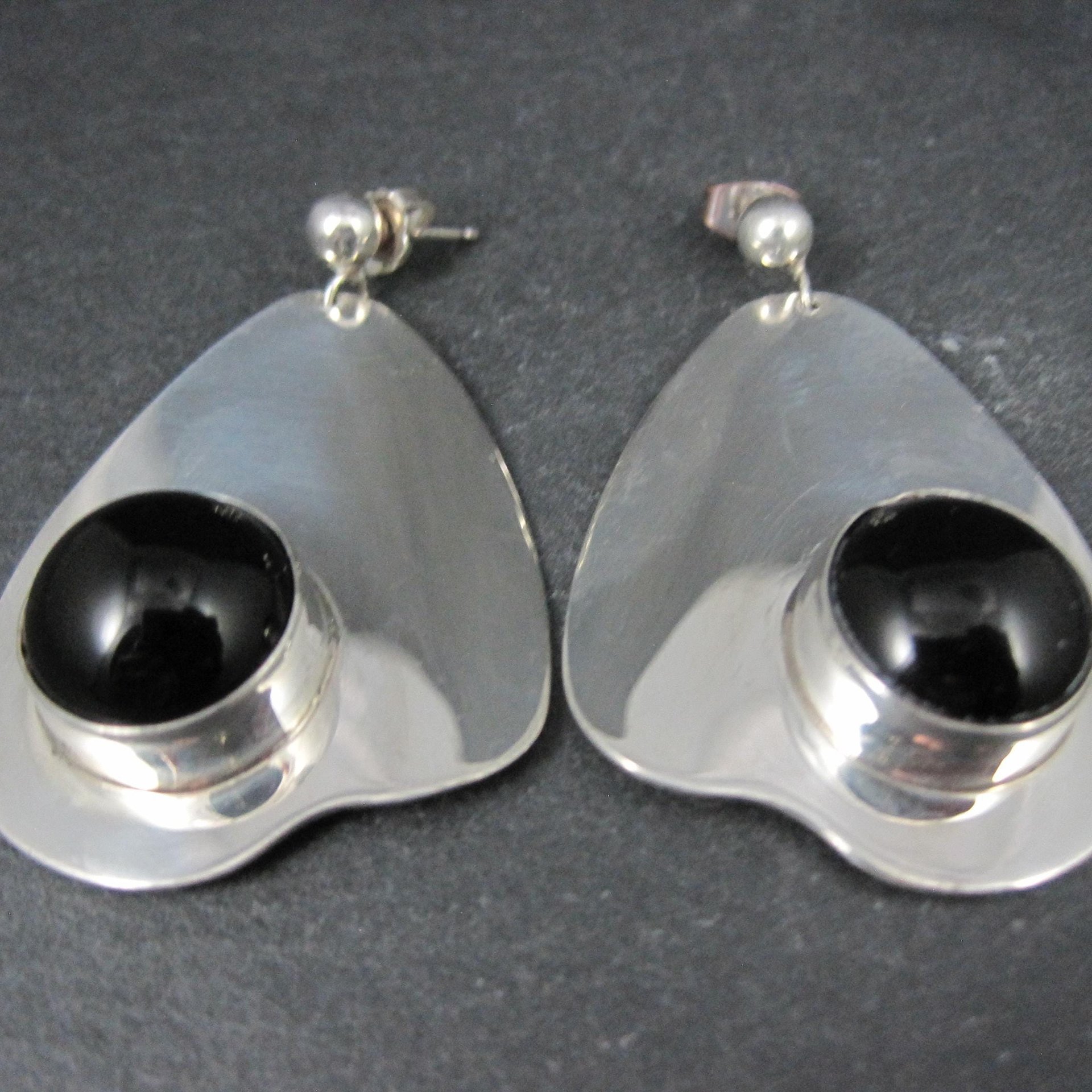 Large Sterling Silver Onyx Earrings Modernist M Kaye