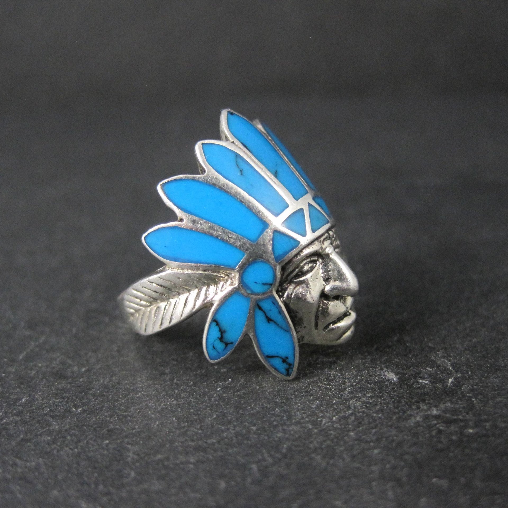 Sterling Silver Turquoise Indian Chief Turquoise Headdress Ring Size 7.5