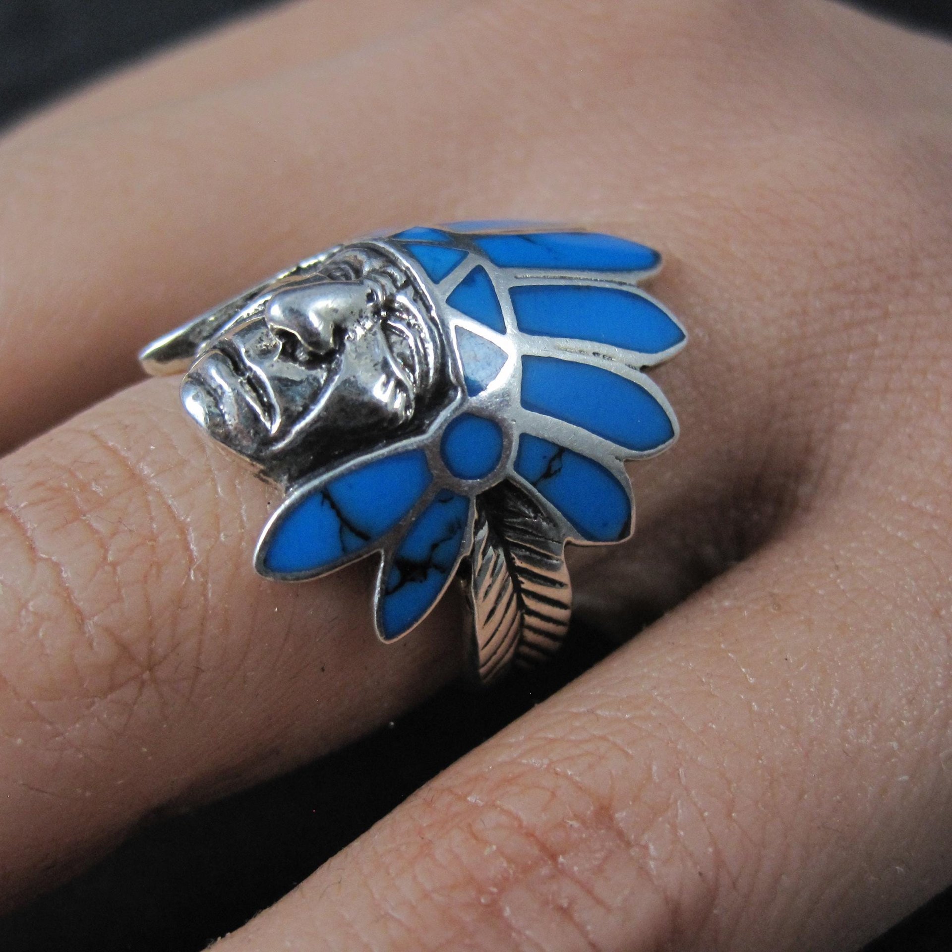 Sterling Silver Turquoise Indian Chief Turquoise Headdress Ring Size 7.5
