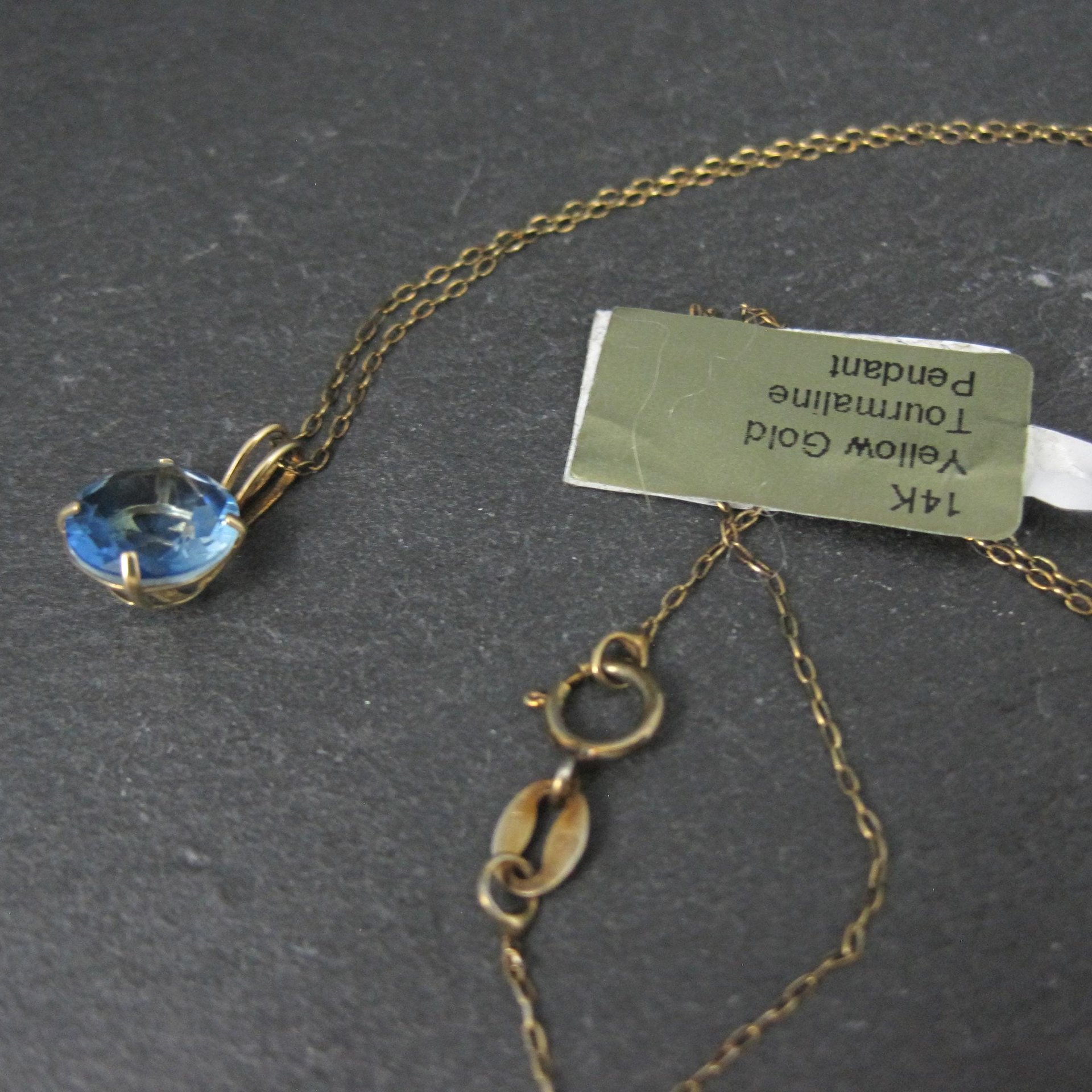 14K Blue Tourmaline Solitaire Pendant Necklace 2003 Vintage
