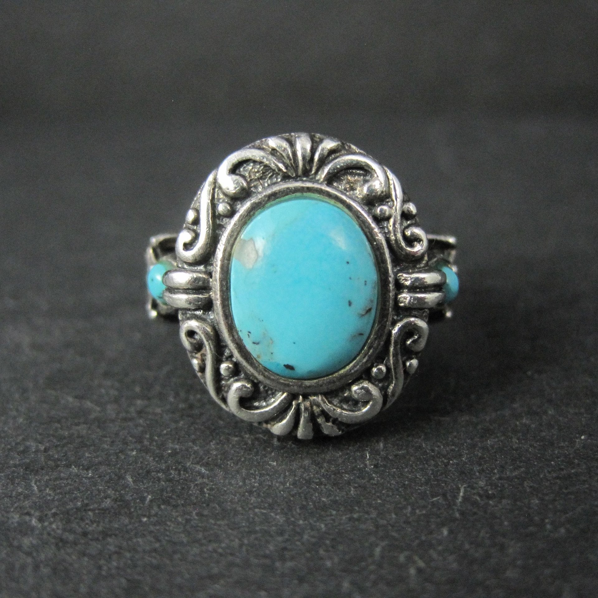 Estate Sterling Turquoise Ring Ornate Size 8 NK