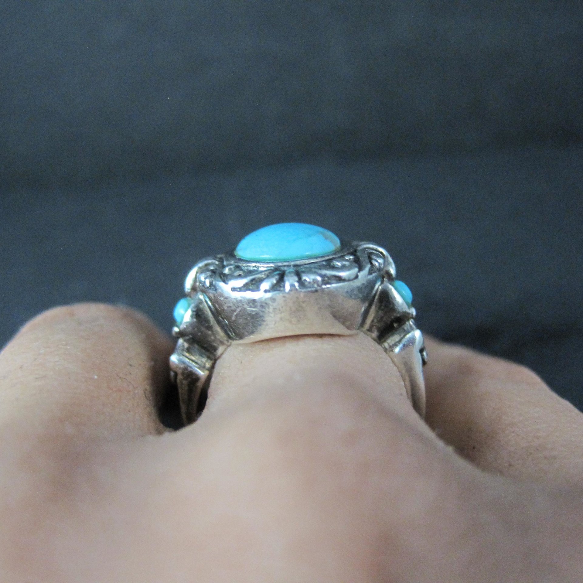 Estate Sterling Turquoise Ring Ornate Size 8 NK