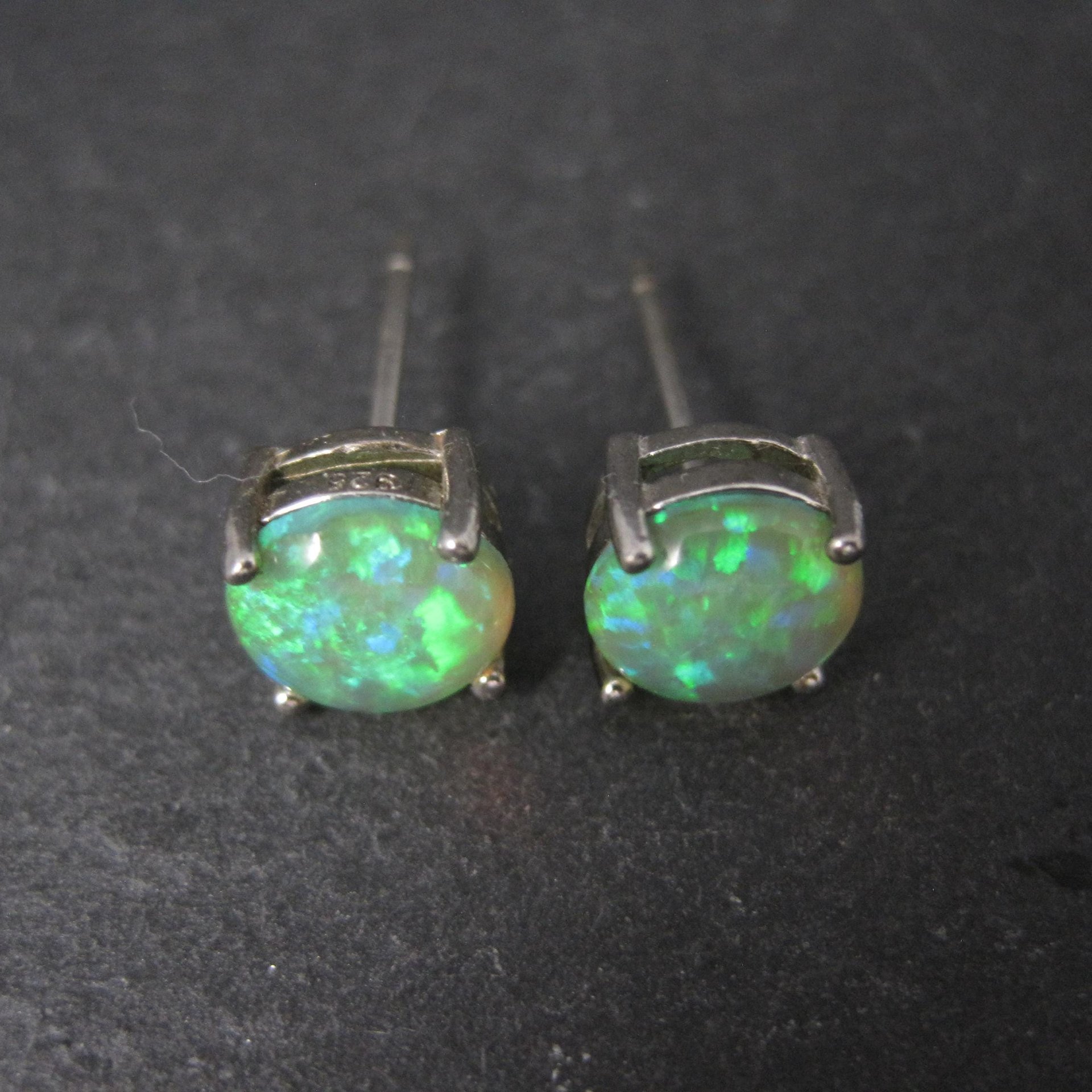 Estate Sterling Silver 8mm Green Opal Stud Earrings
