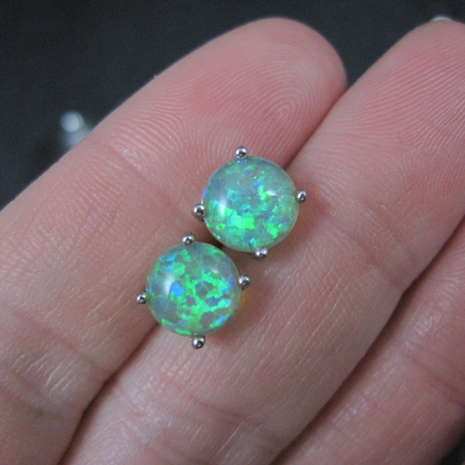Estate Sterling Silver 8mm Green Opal Stud Earrings
