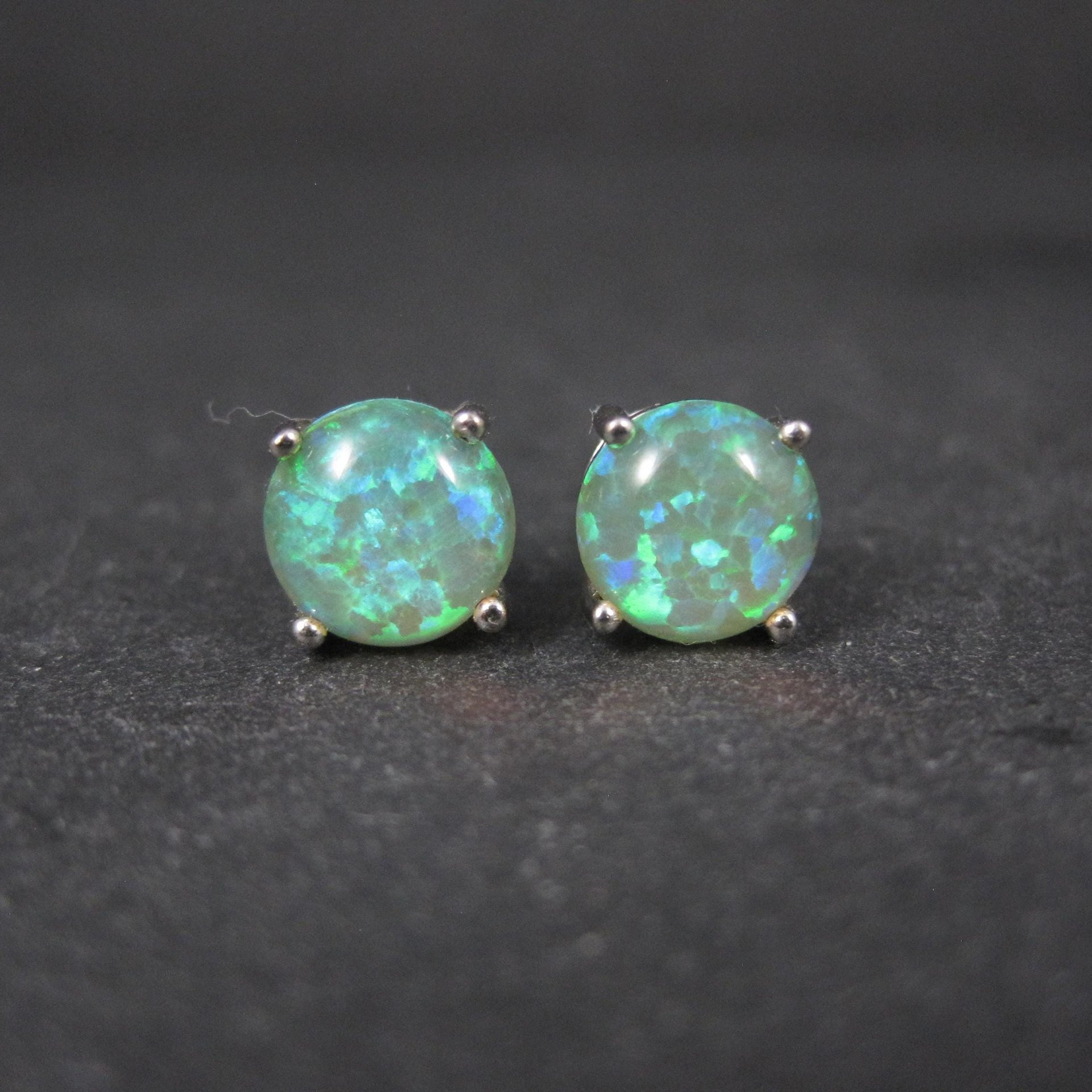 Estate Sterling Silver 8mm Green Opal Stud Earrings