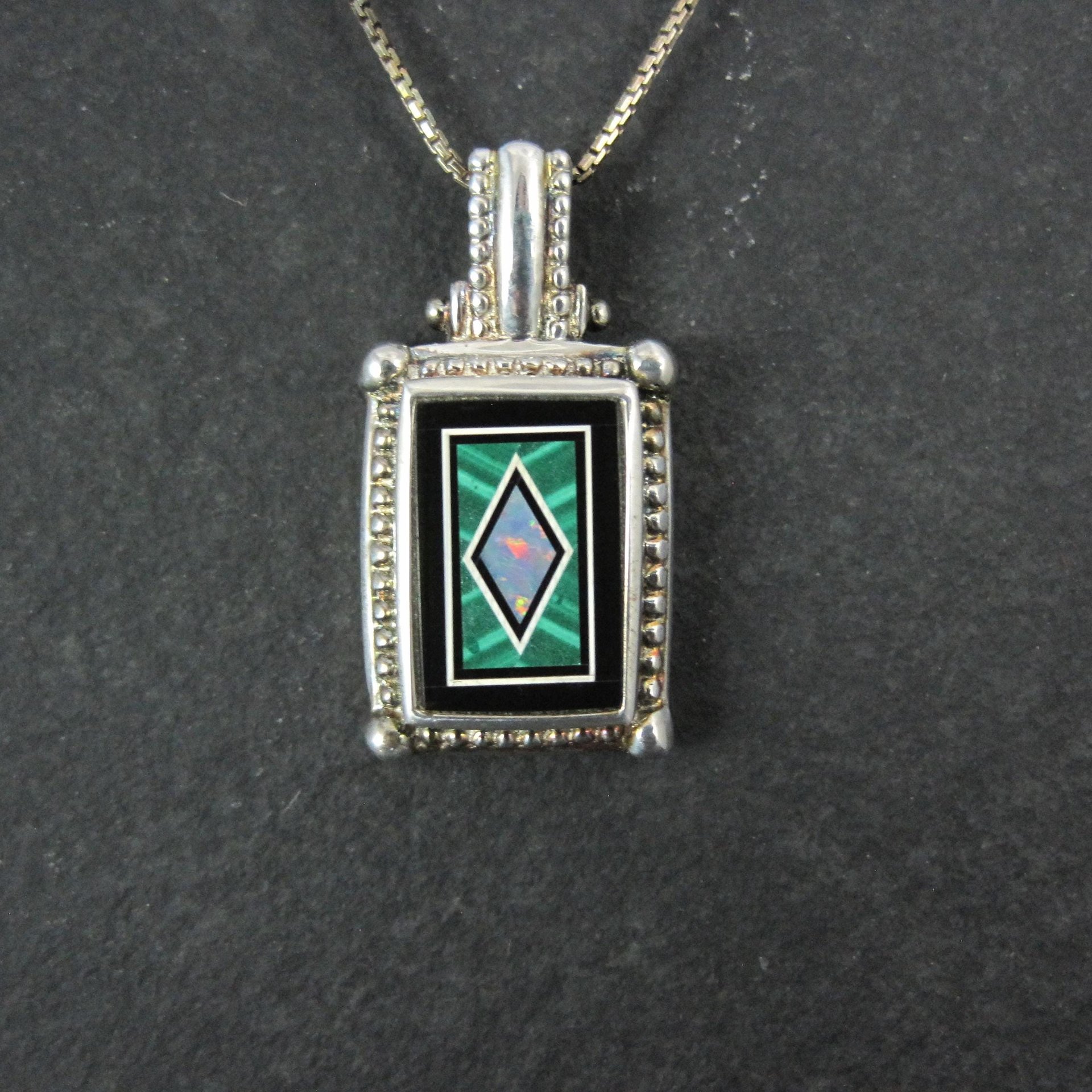Sterling Silver Opal Malachite Inlay Pendant Necklace