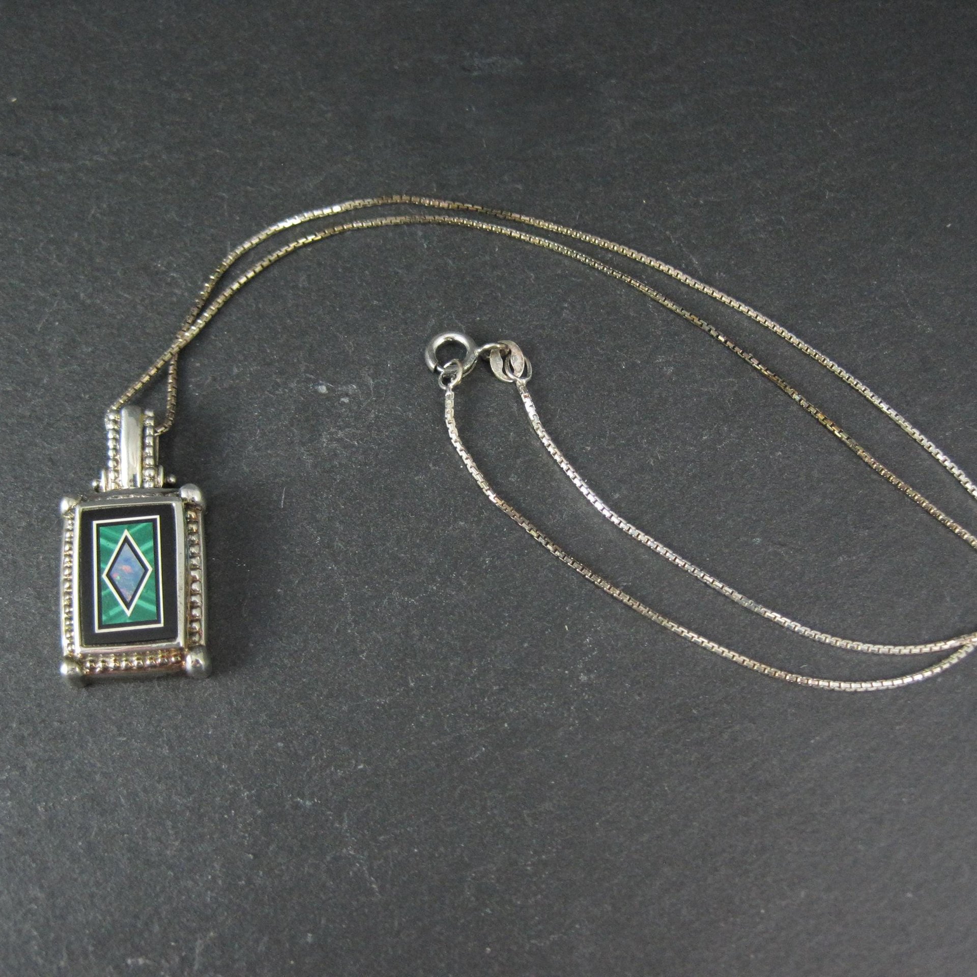 Sterling Silver Opal Malachite Inlay Pendant Necklace