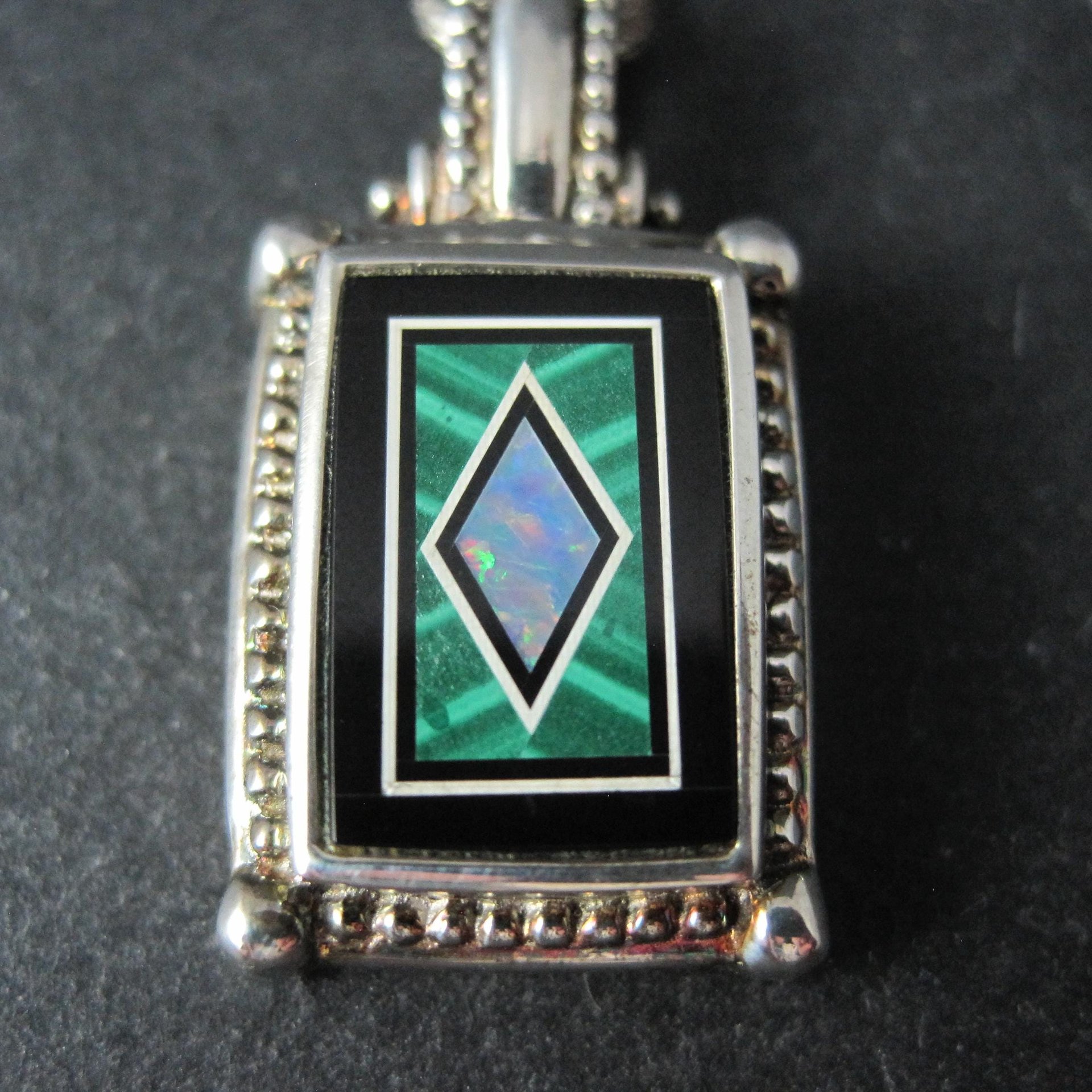 Sterling Silver Opal Malachite Inlay Pendant Necklace