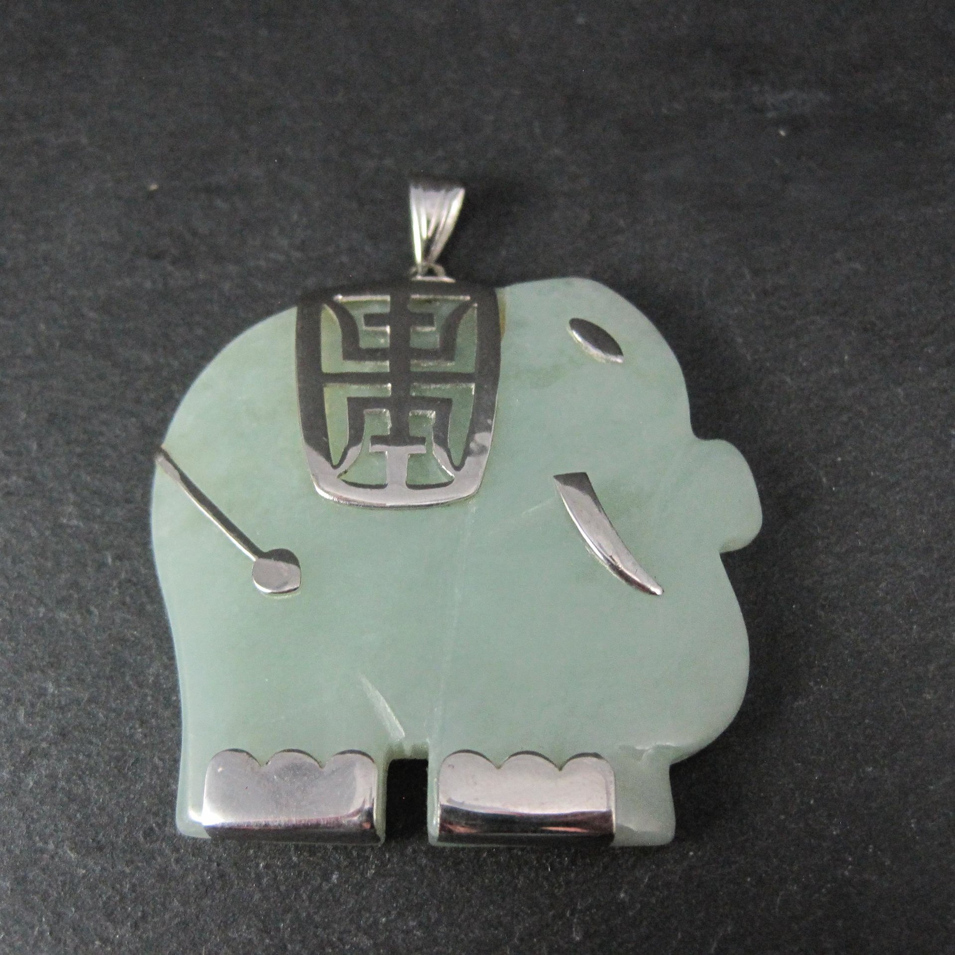 Huge Sterling Silver Jade Elephant Pendant