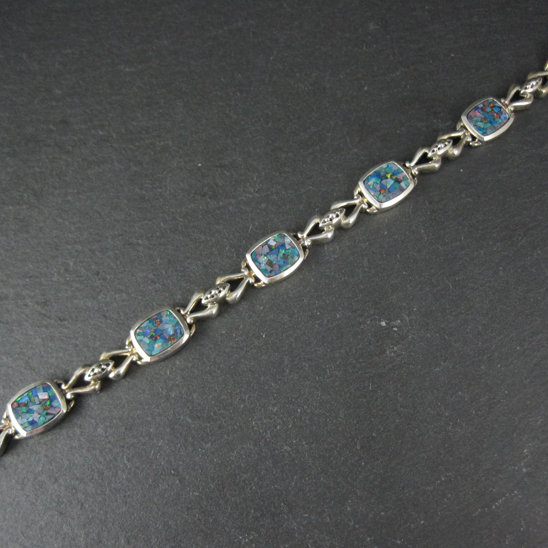 Sterling Silver Mosaic Opal Inlay Bracelet 7.25 Inches