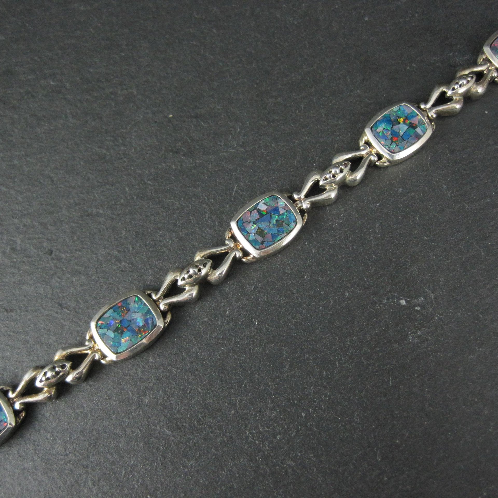 Sterling Silver Mosaic Opal Inlay Bracelet 7.25 Inches