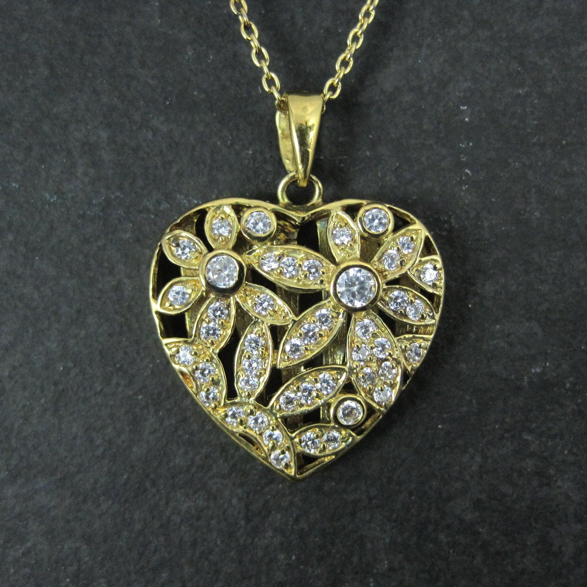 Estate Vermeil Sterling Flower Heart Pendant Necklace