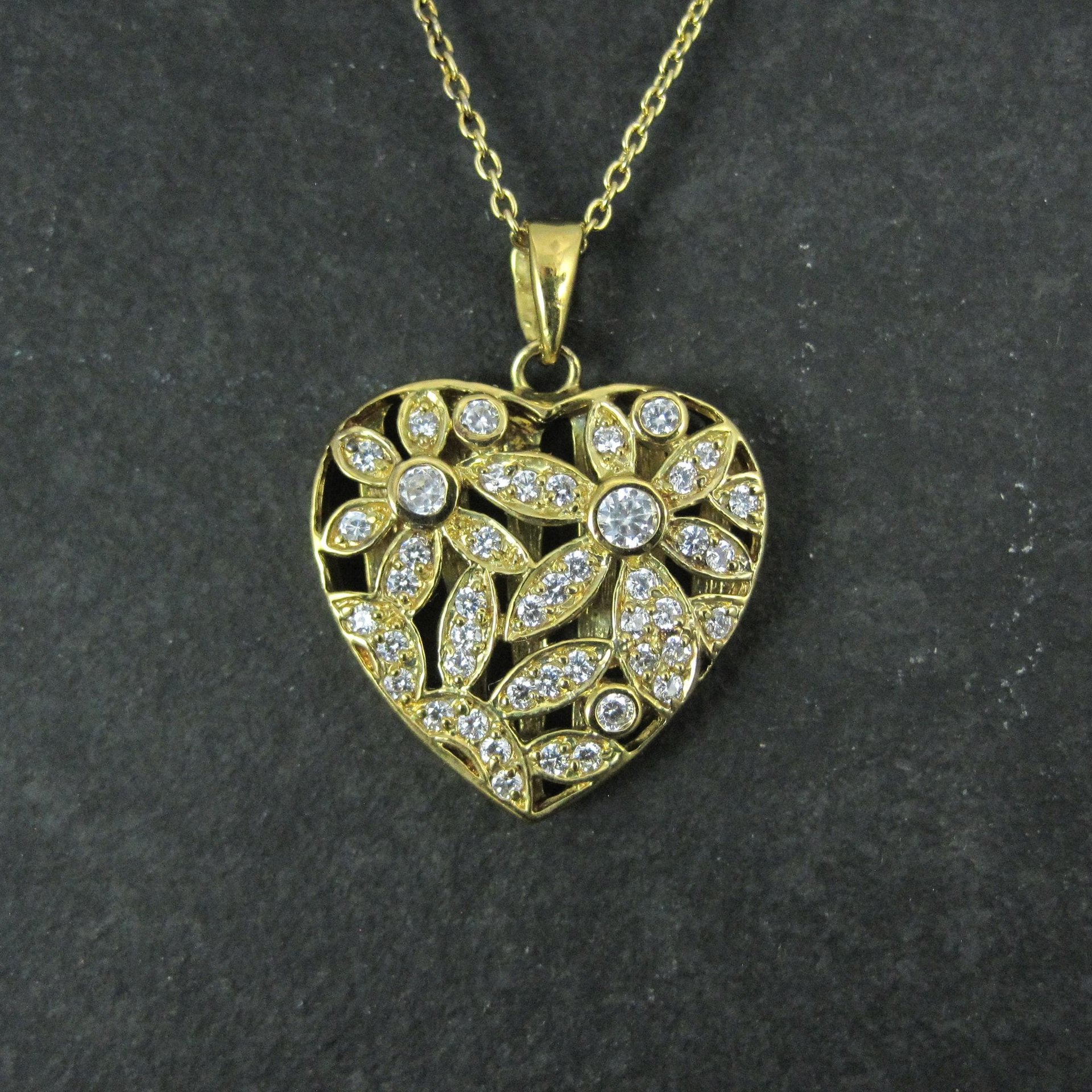 Estate Vermeil Sterling Flower Heart Pendant Necklace