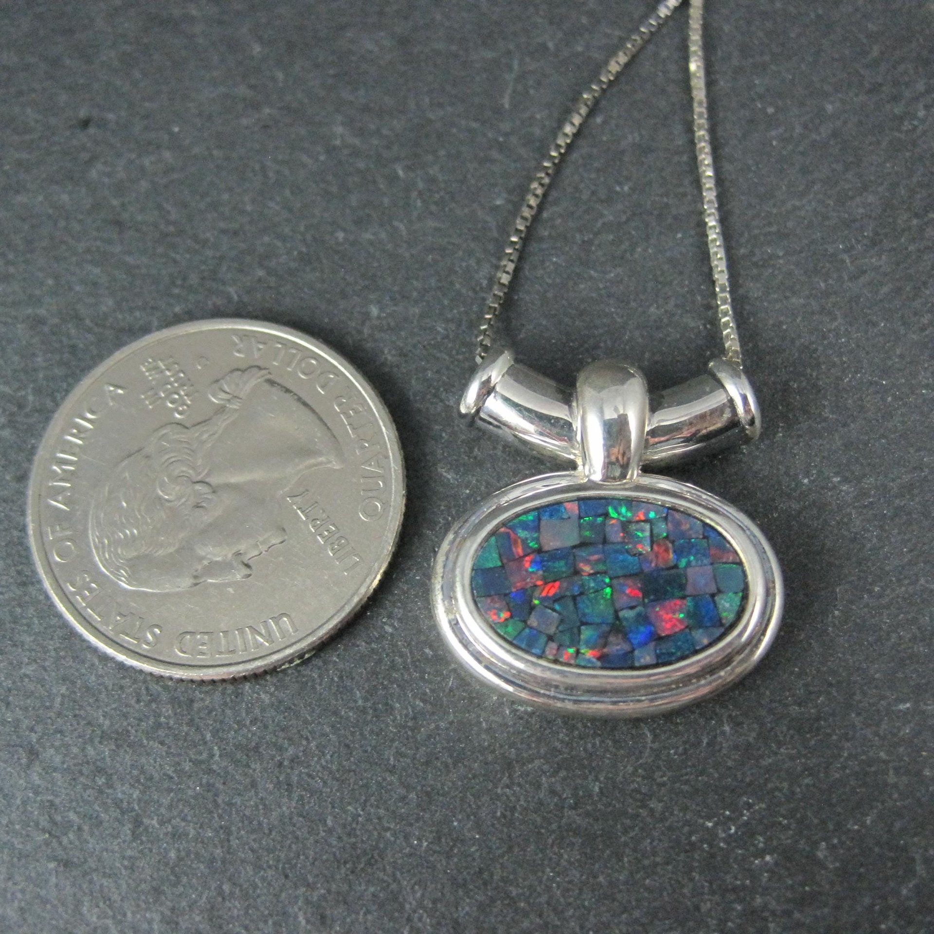 Sterling Mosaic Opal Inlay Pendant Necklace