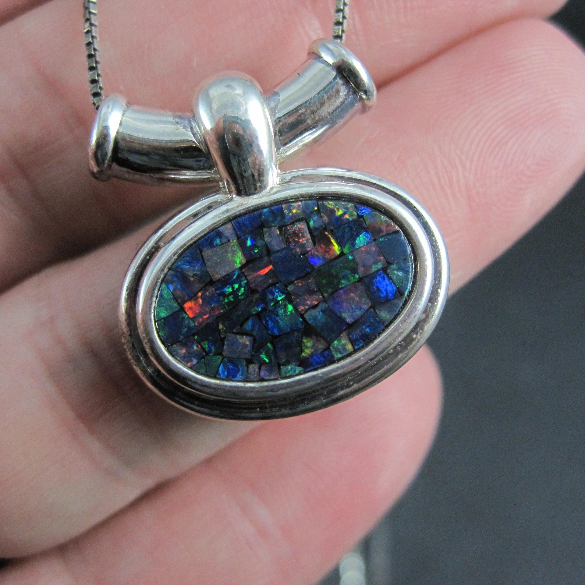 Sterling Mosaic Opal Inlay Pendant Necklace