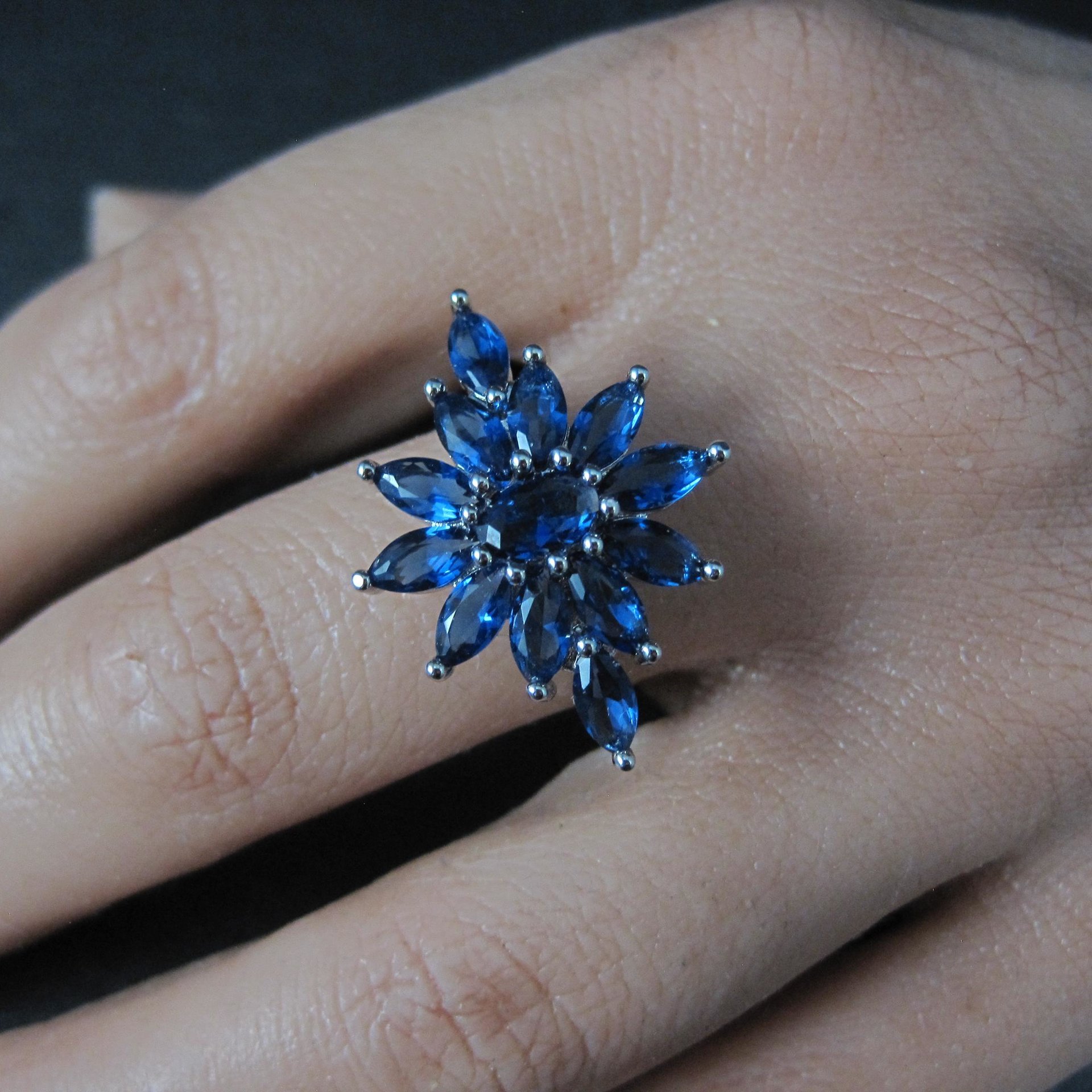 Estate Sterling Silver Sapphire Blue Cz Ring Size 7.5 Unique Cocktail