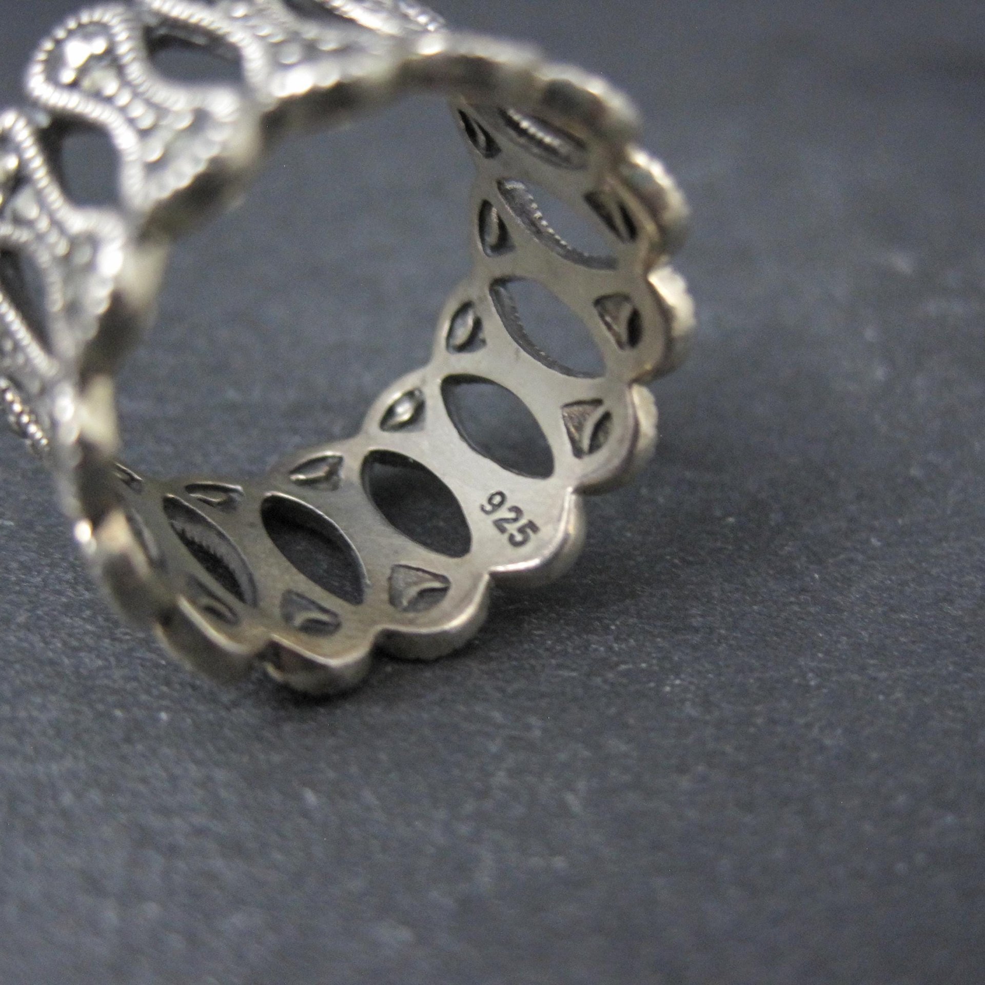 Wide Sterling Silver Marcasite Band Ring Size 7.5