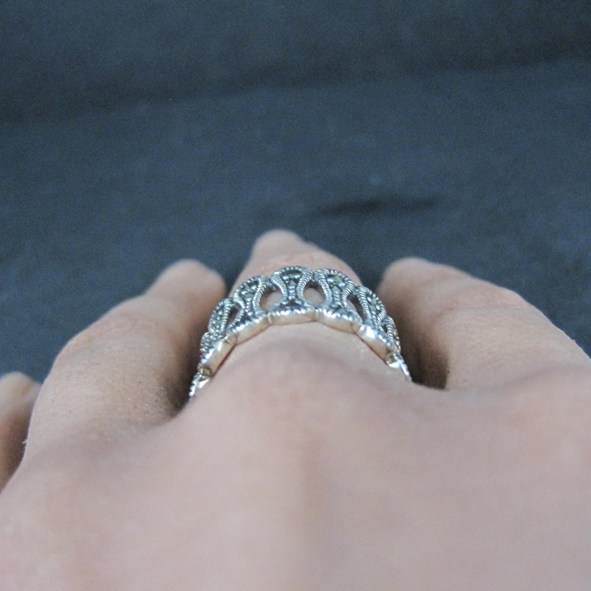 Wide Sterling Silver Marcasite Band Ring Size 7.5