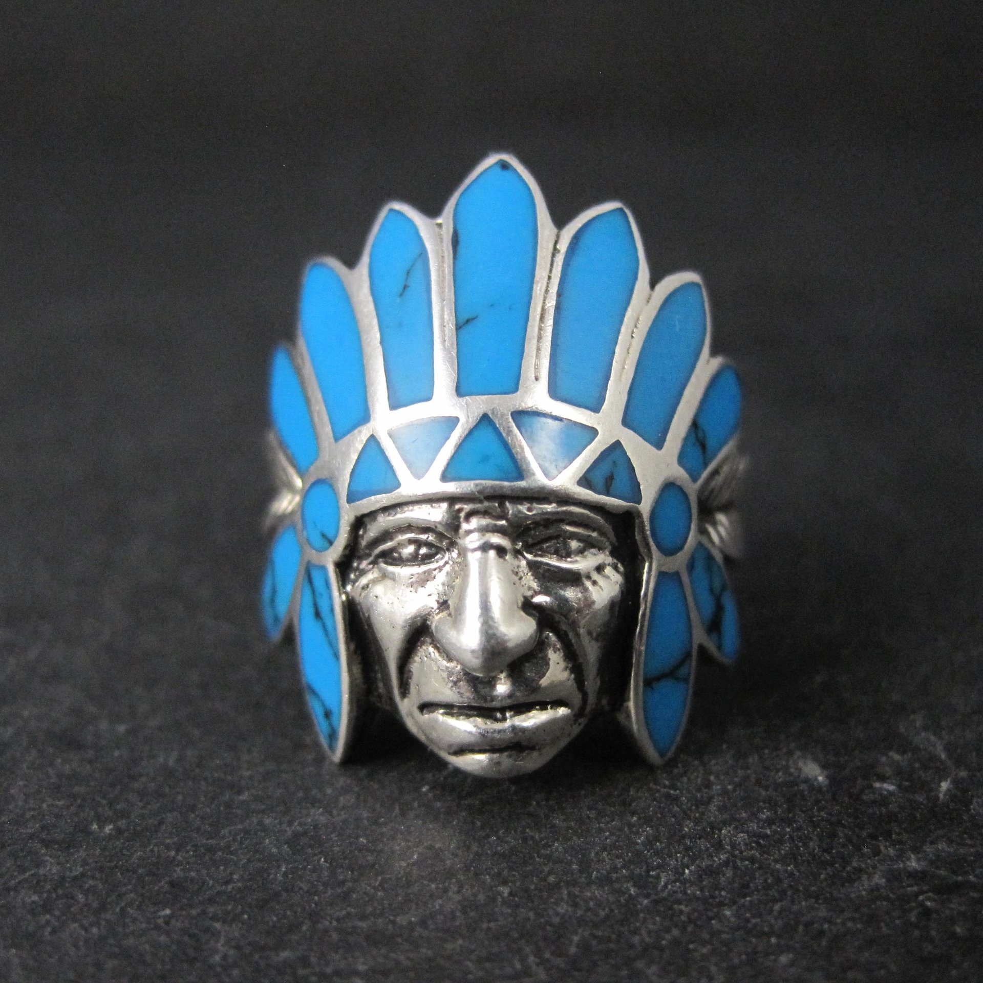 Sterling Silver Turquoise Indian Chief Turquoise Headdress Ring Size 7.5