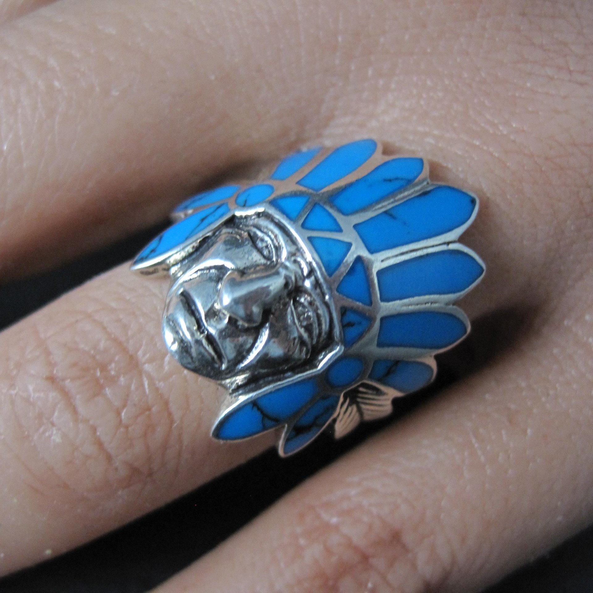Sterling Silver Turquoise Indian Chief Turquoise Headdress Ring Size 7.5