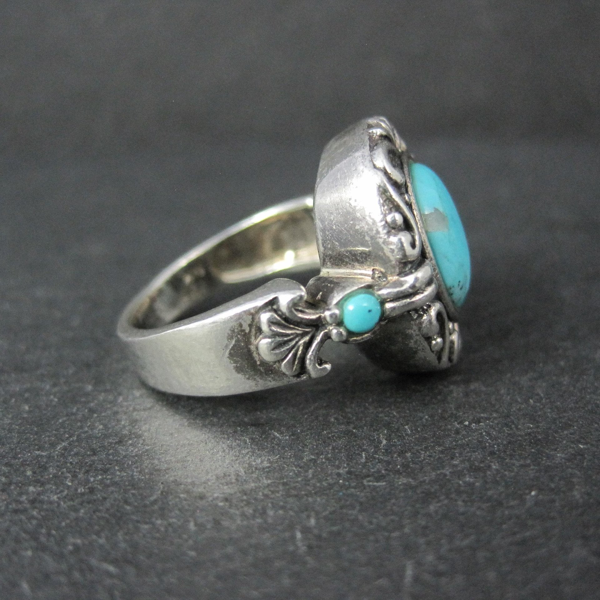 Estate Sterling Turquoise Ring Ornate Size 8 NK