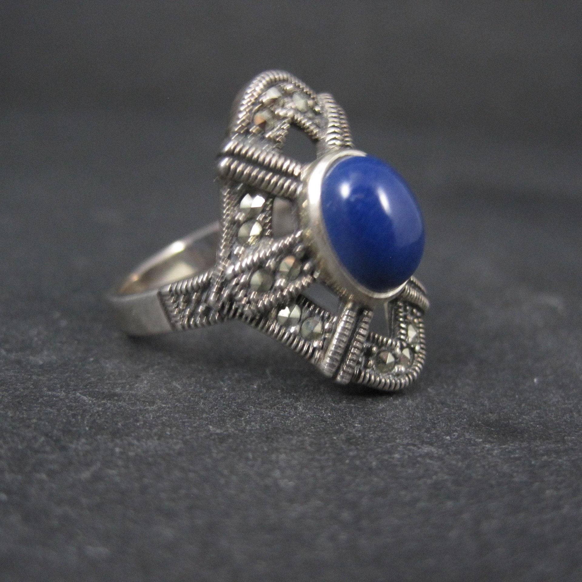 Sterling Silver Lapis Lazuli Marcasite Ring Size 8