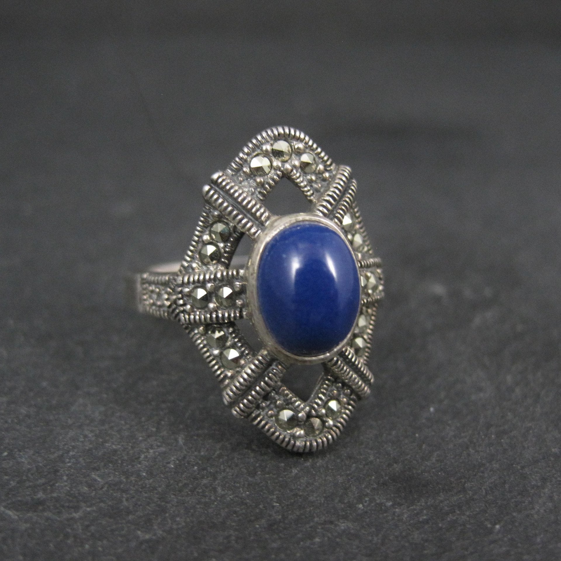 Sterling Silver Lapis Lazuli Marcasite Ring Size 8