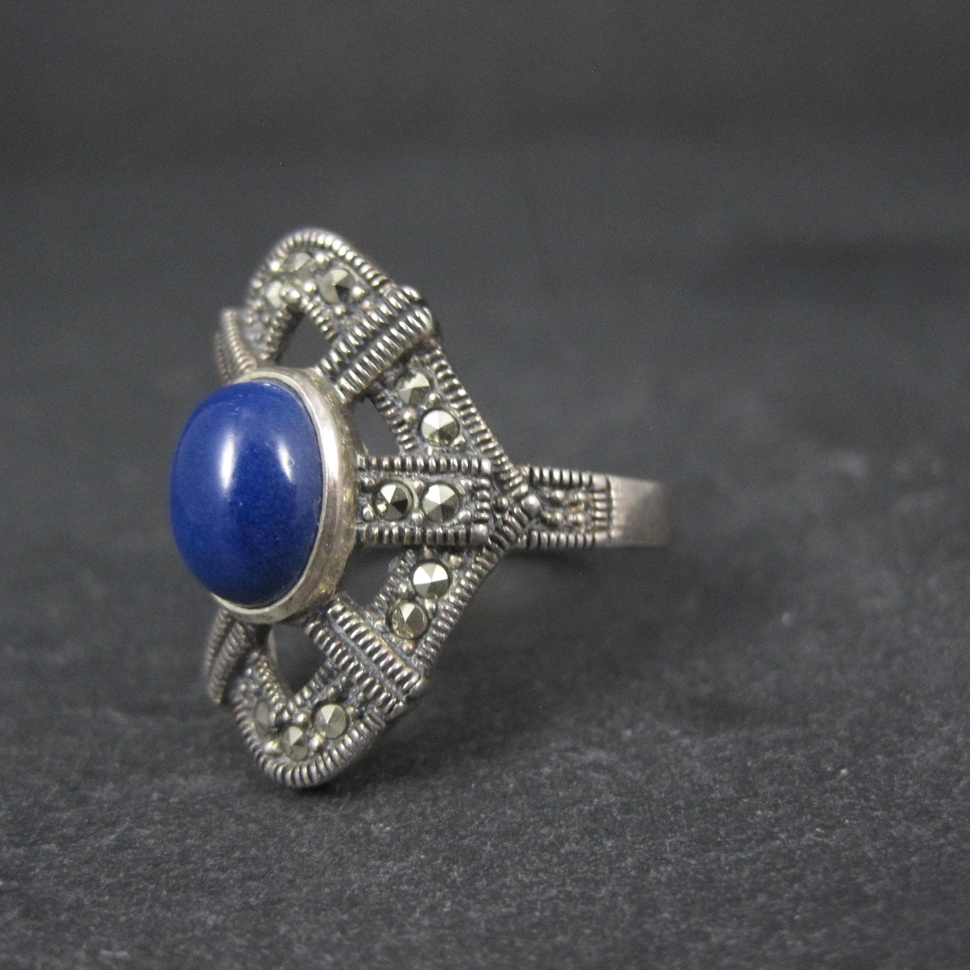 Sterling Silver Lapis Lazuli Marcasite Ring Size 8