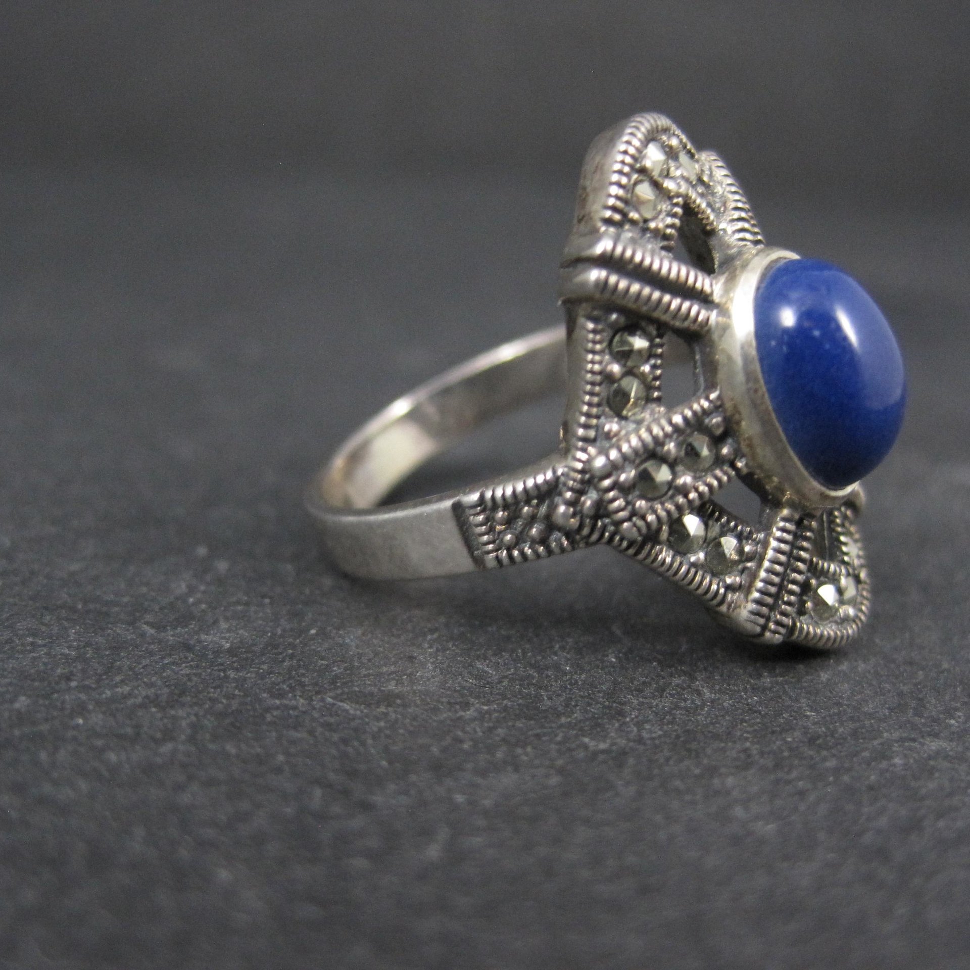 Sterling Silver Lapis Lazuli Marcasite Ring Size 8
