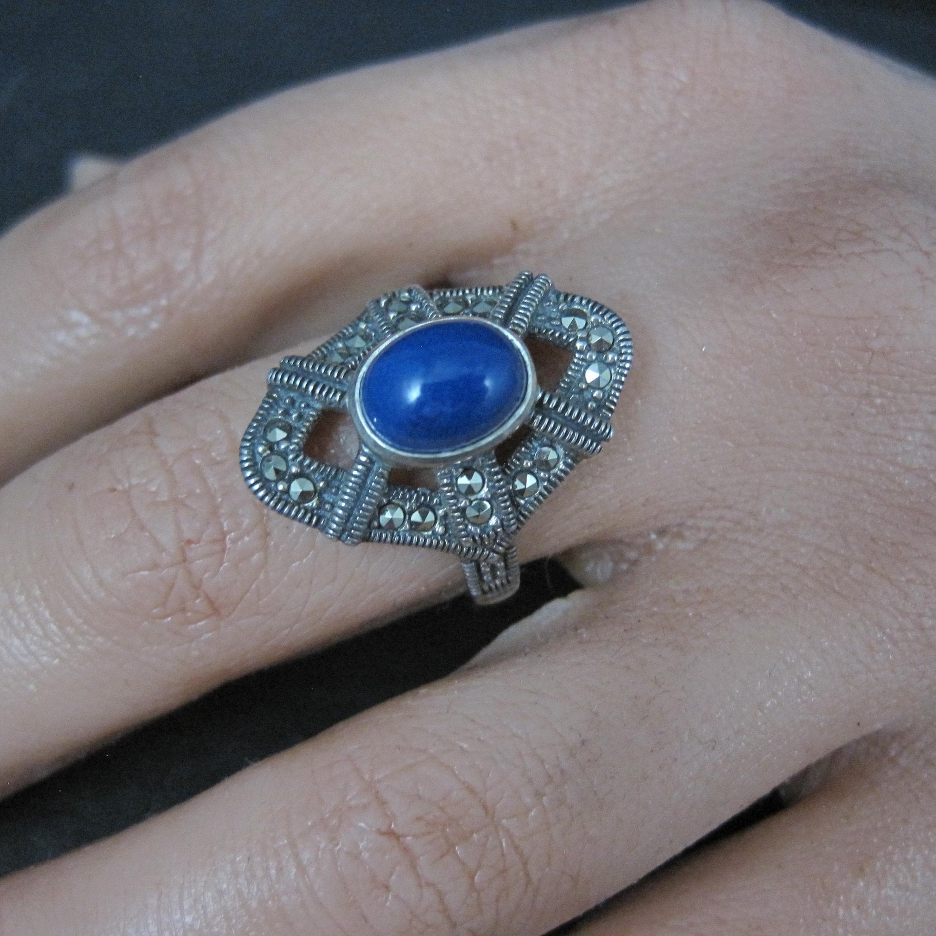 Sterling Silver Lapis Lazuli Marcasite Ring Size 8