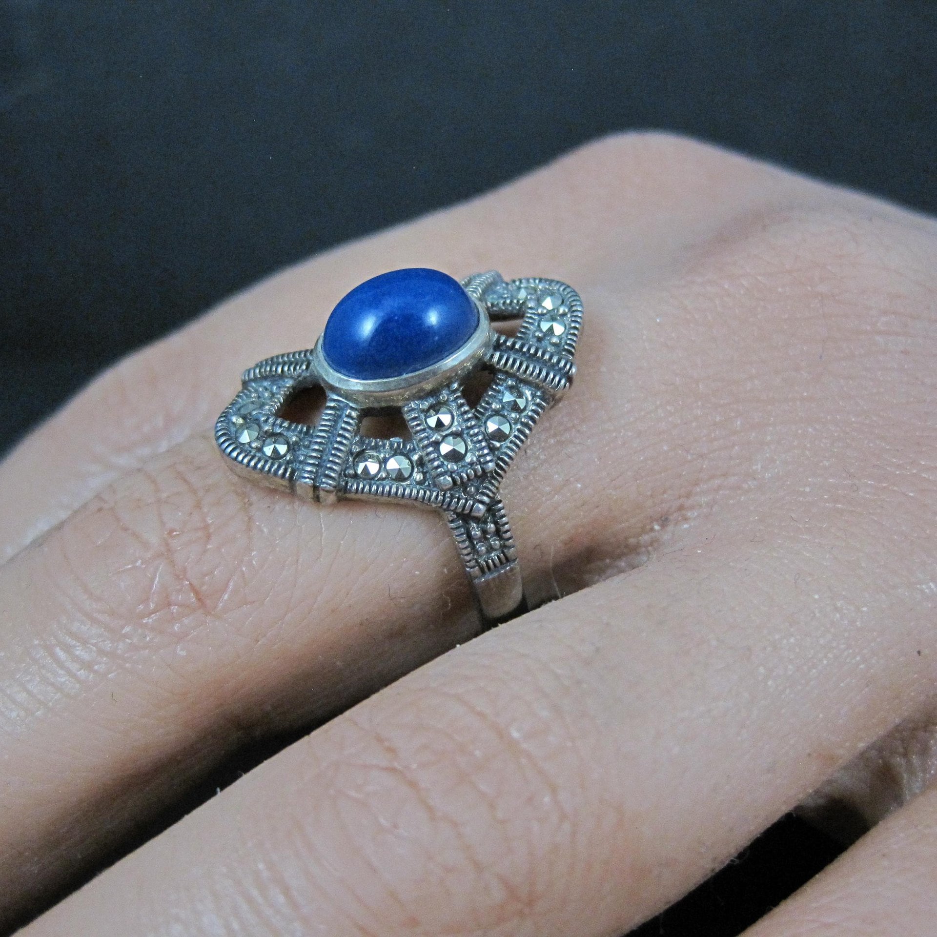 Sterling Silver Lapis Lazuli Marcasite Ring Size 8