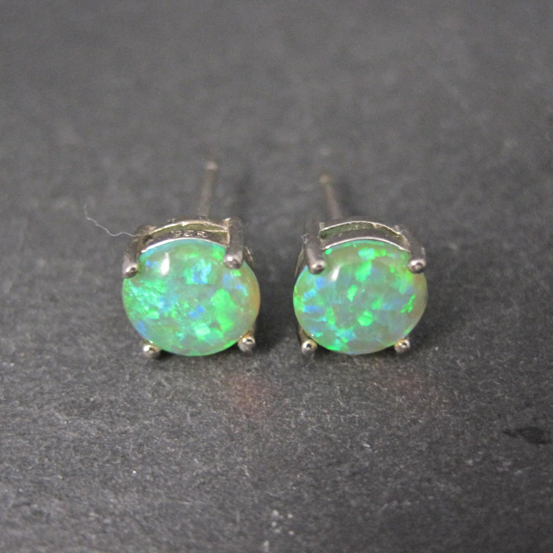 Estate Sterling Silver 8mm Green Opal Stud Earrings