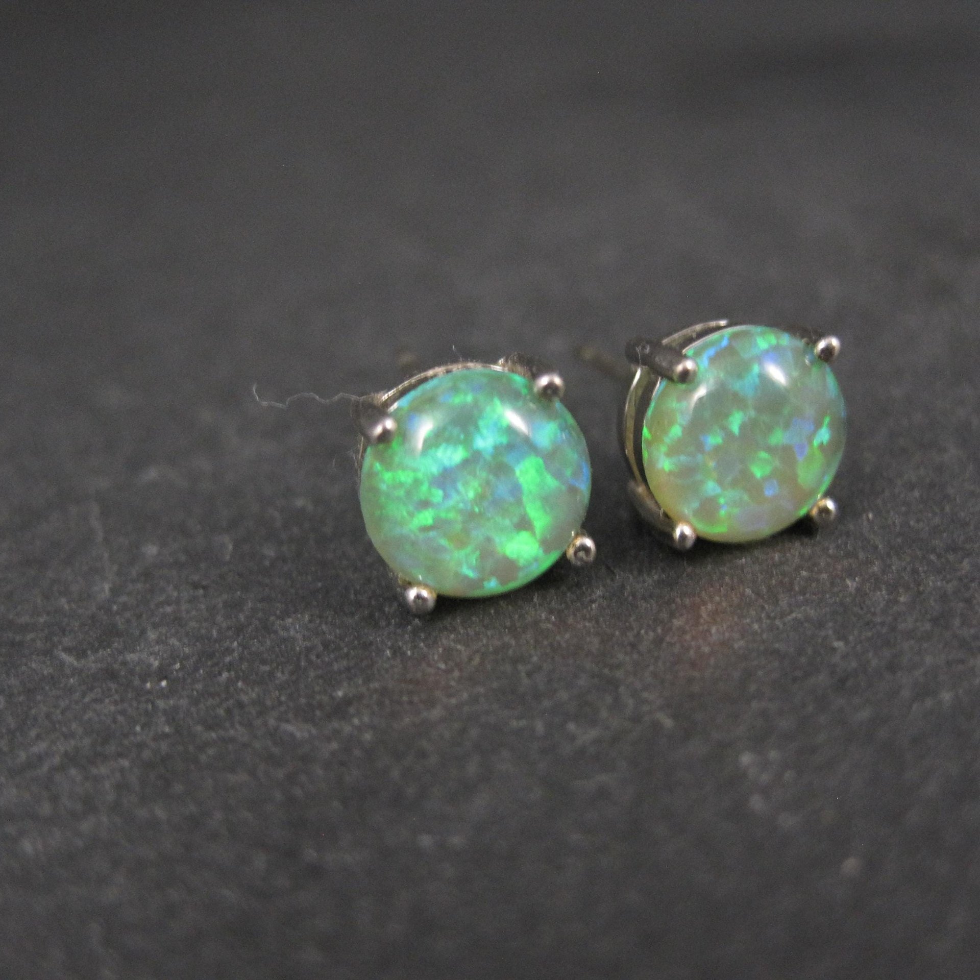 Estate Sterling Silver 8mm Green Opal Stud Earrings