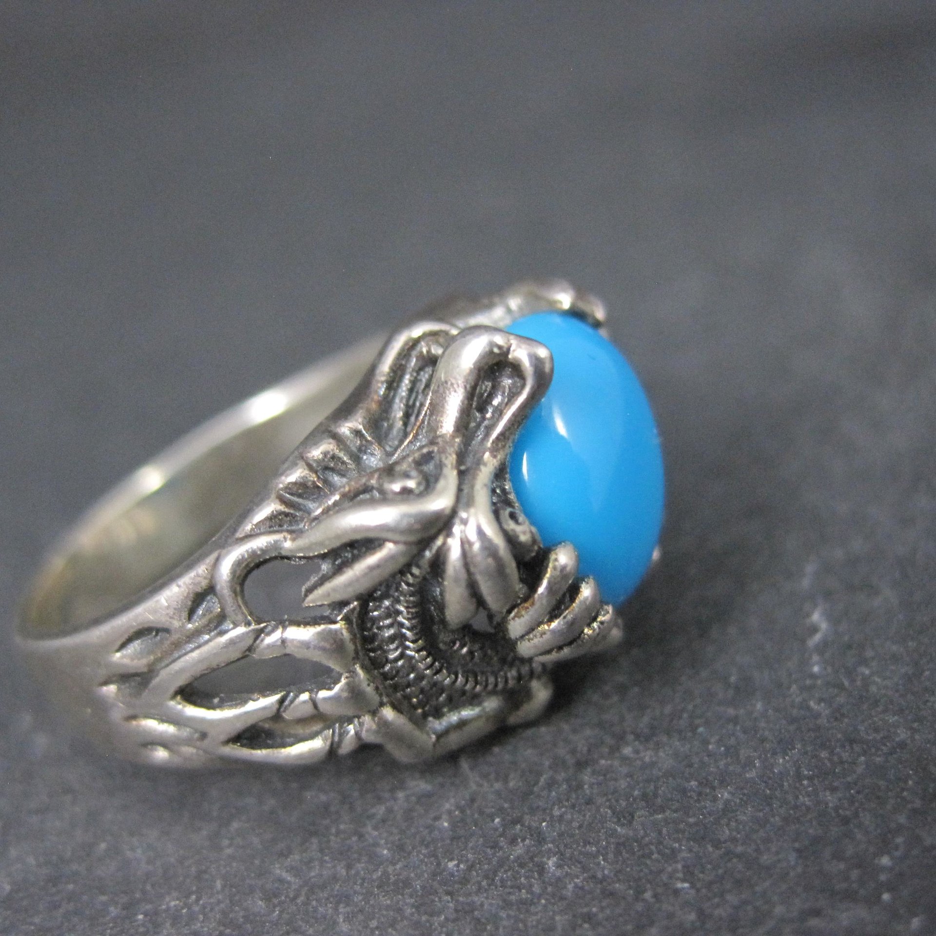 Estate Sterling Silver Turquoise Dragon Ring Size 7
