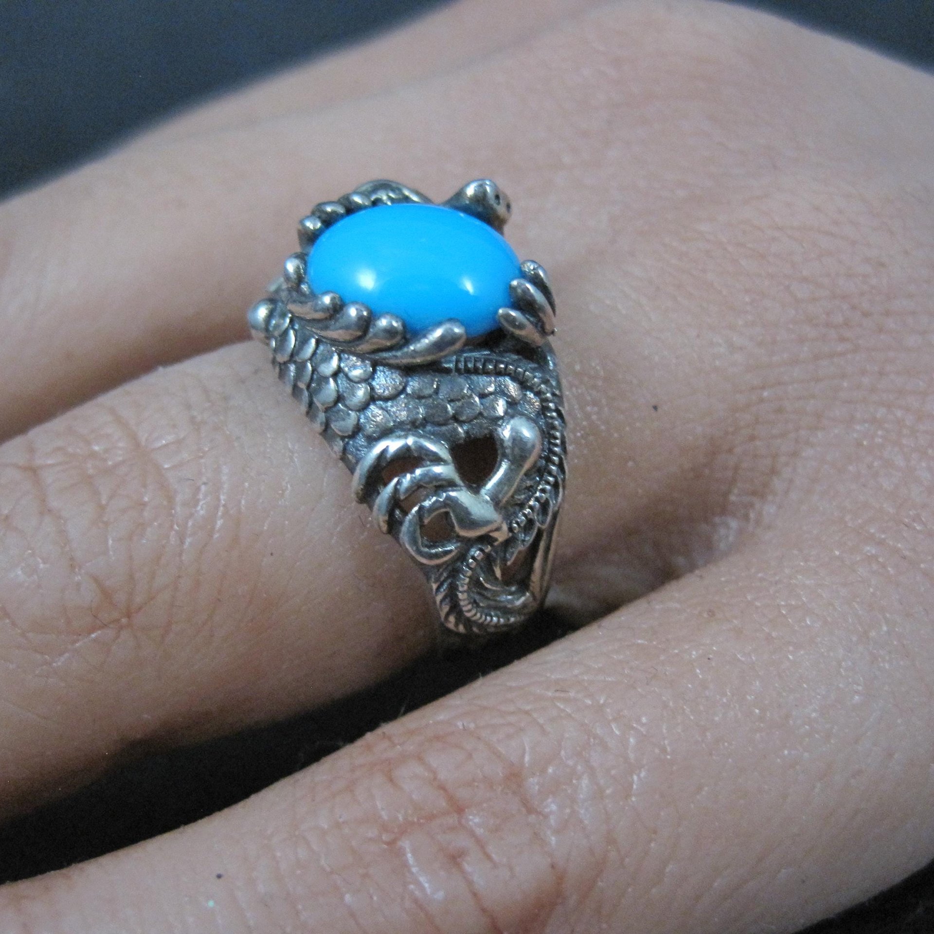 Estate Sterling Silver Turquoise Dragon Ring Size 7