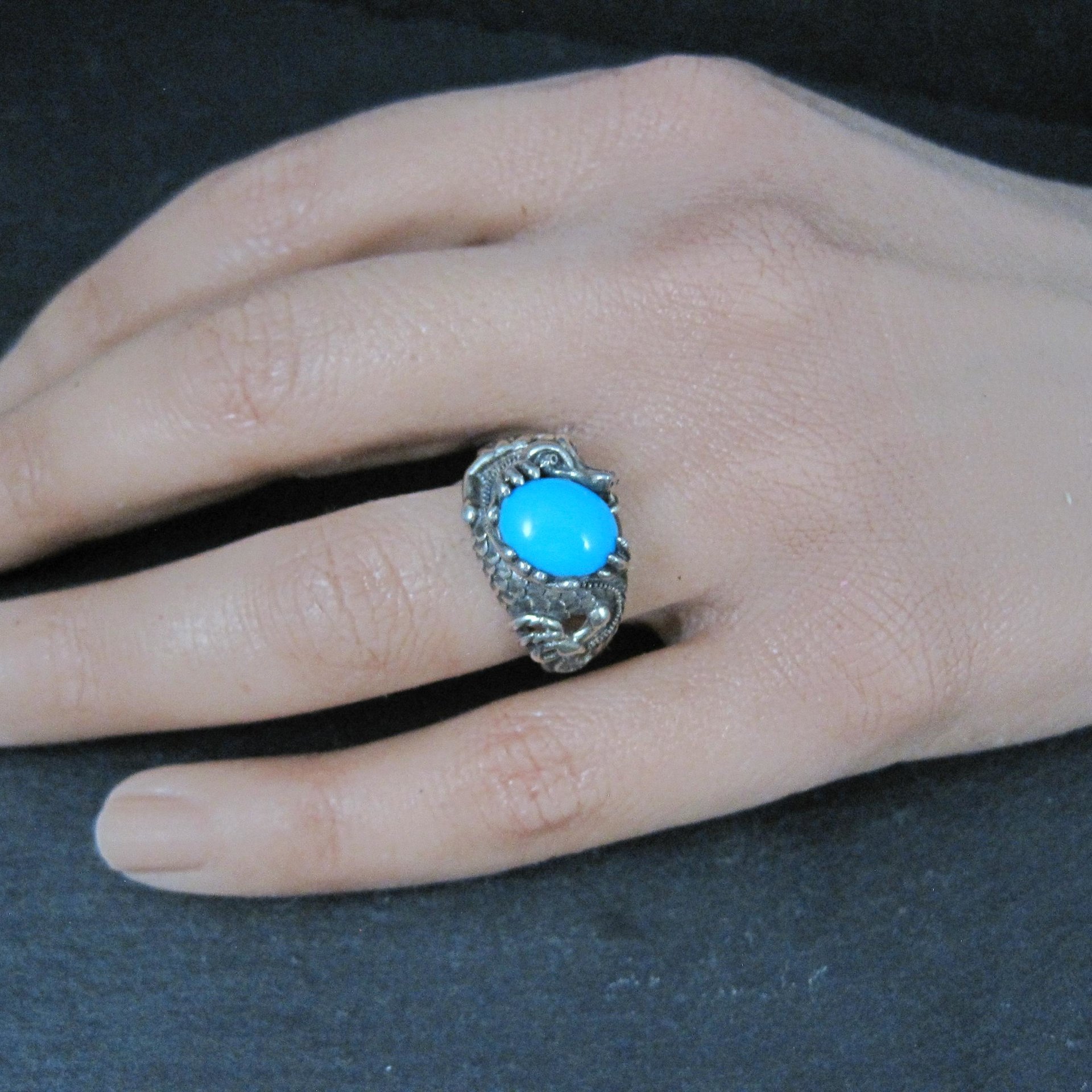 Estate Sterling Silver Turquoise Dragon Ring Size 7