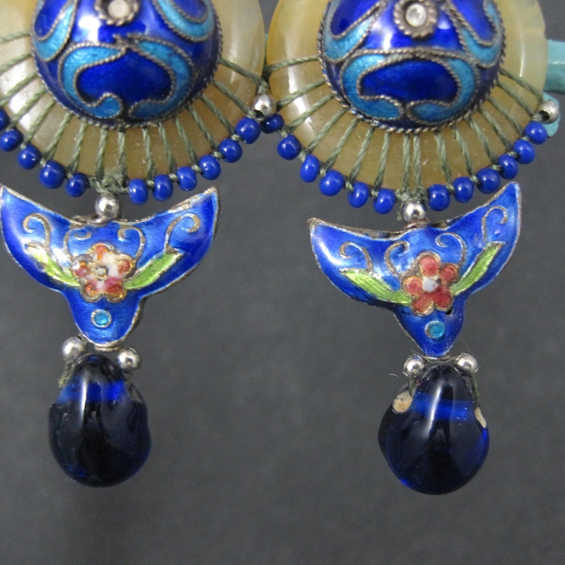 Vintage Cloisonne Enamel Jade Earrings Chinese Export French Backs
