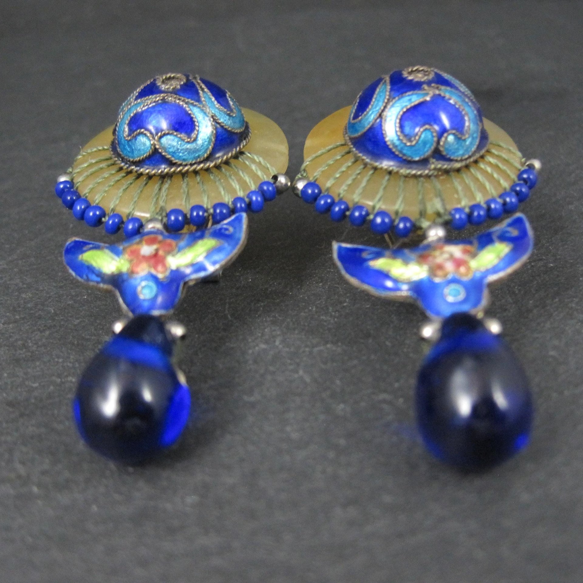 Vintage Cloisonne Enamel Jade Earrings Chinese Export French Backs